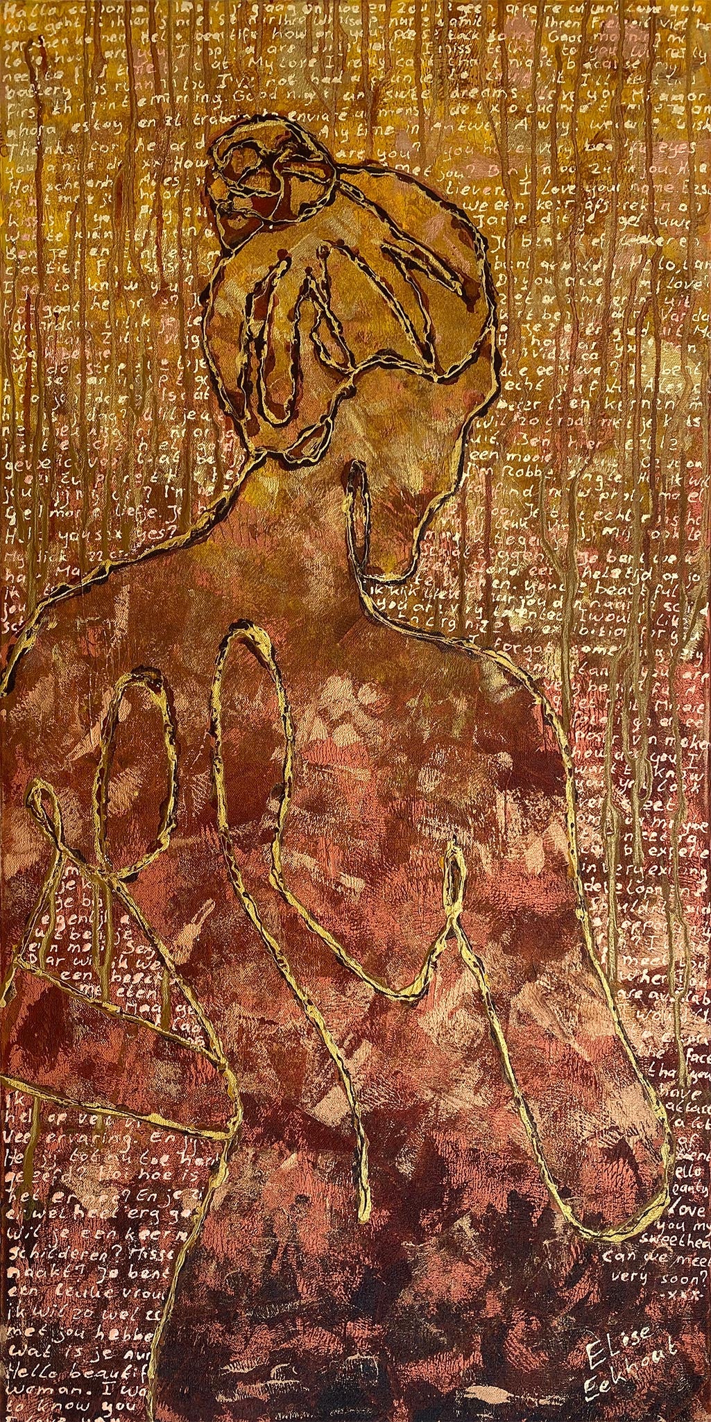 Origineel abstract schilderij van een vrouw met warme kleuren en gouden accenten door Elise Eekhout