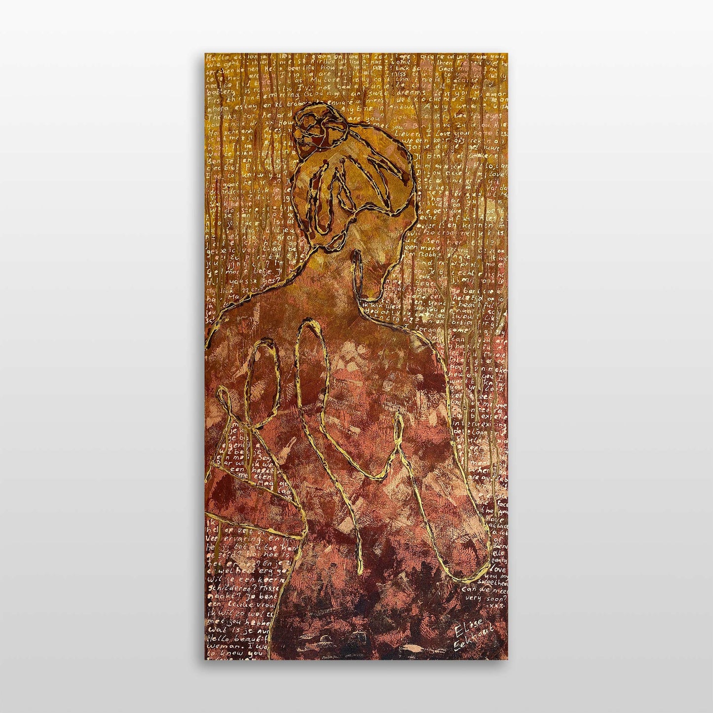 Origineel abstract schilderij van een vrouw met gouden lijnen en warme tinten van Elise Eekhout