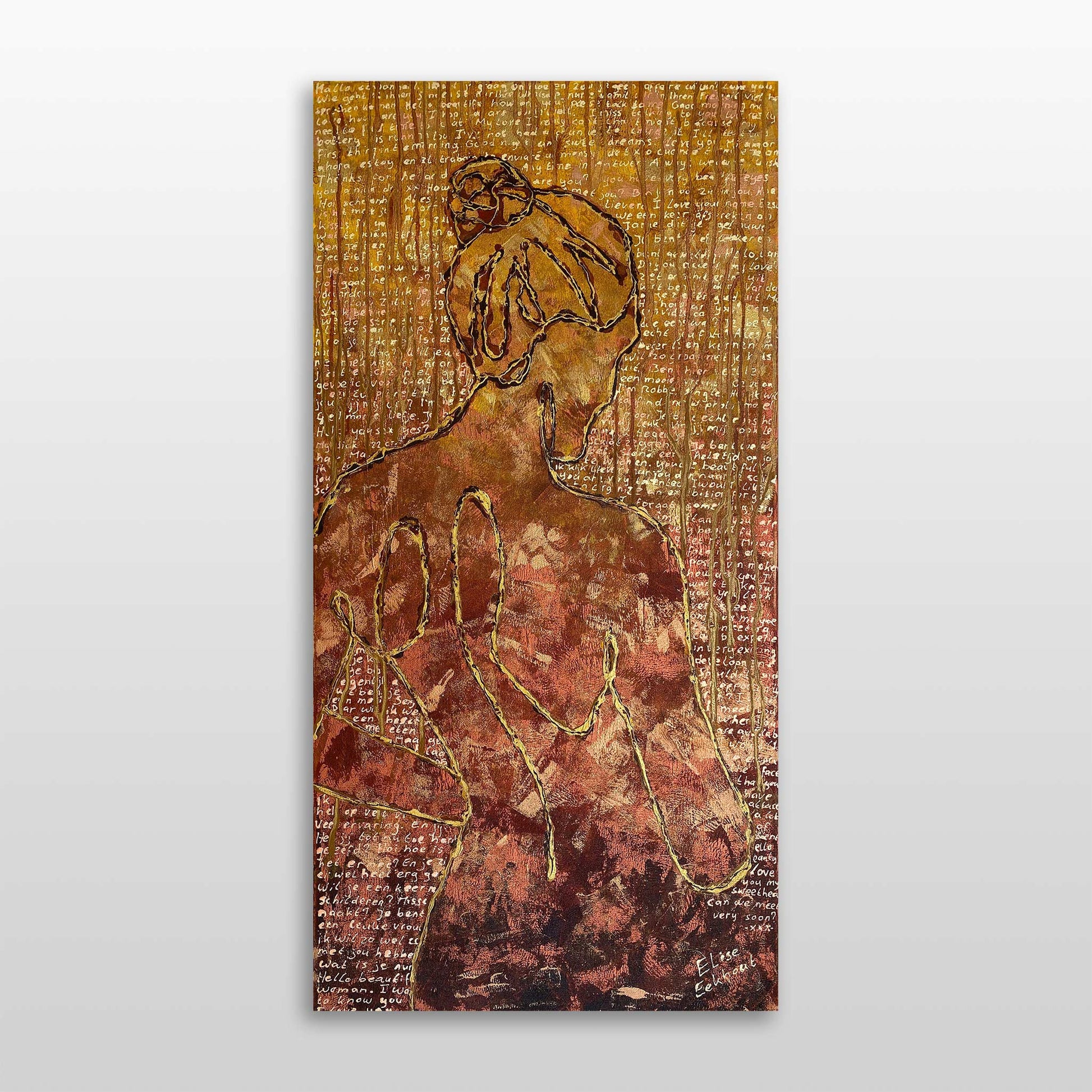 Origineel abstract schilderij van een vrouw met gouden lijnen en warme tinten van Elise Eekhout
