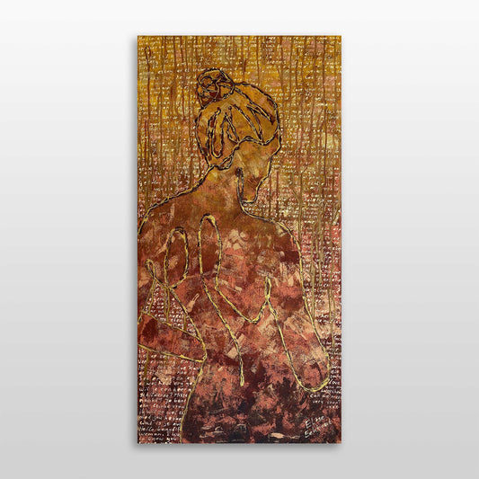 Origineel abstract schilderij van een vrouw met gouden lijnen en warme tinten van Elise Eekhout