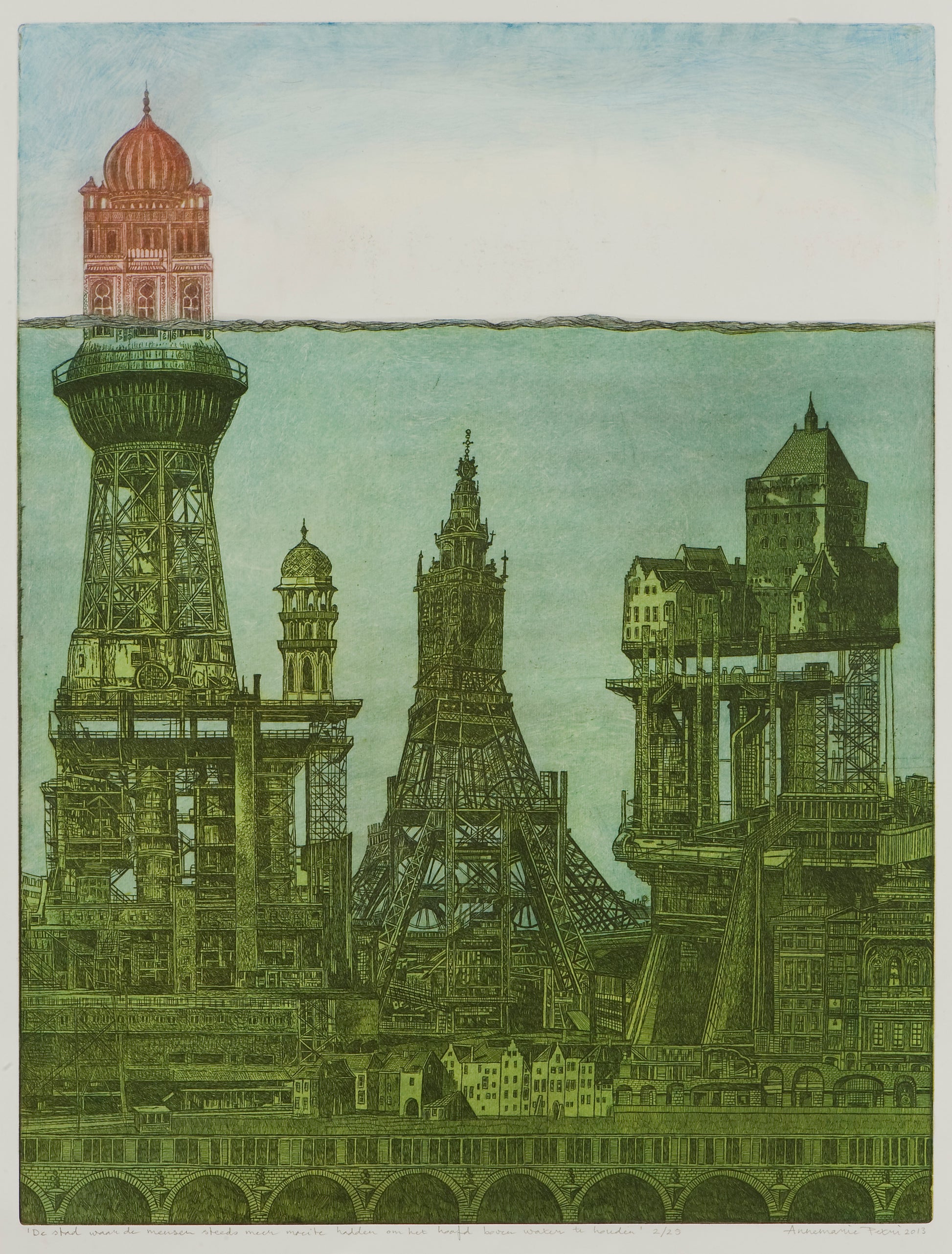 Origineel ets kunstwerk van een futuristisch stadslandschap met torens en gebouwen in zachte kleuren