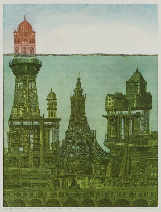 Origineel ets kunstwerk van een futuristisch stadslandschap met torens en gebouwen in zachte kleuren