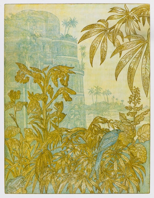 Origineel ets kunstwerk natuurthema met gedetailleerde bloemen en vogels in een tropische omgeving