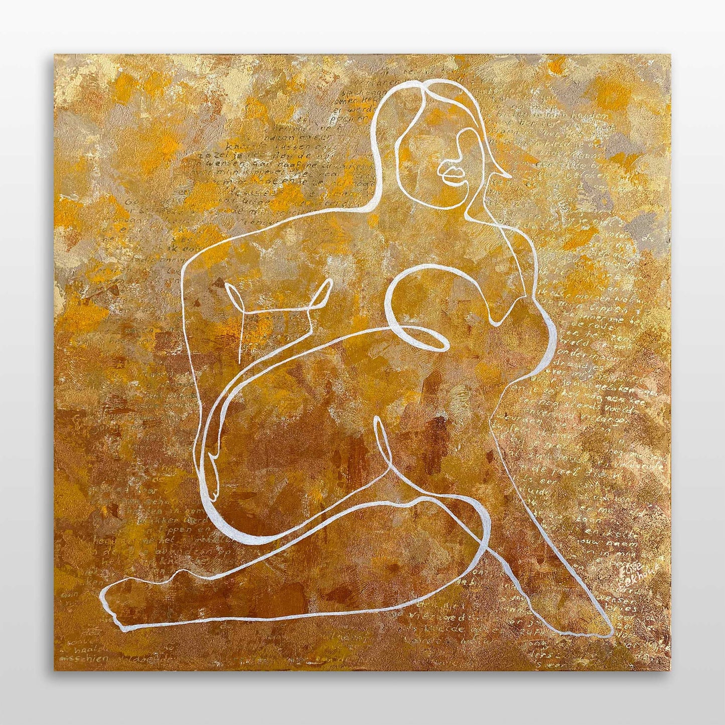 Origineel kunstwerk van Elise Eekhout, abstracte schilderij met contourlijnen en gouden achtergrond