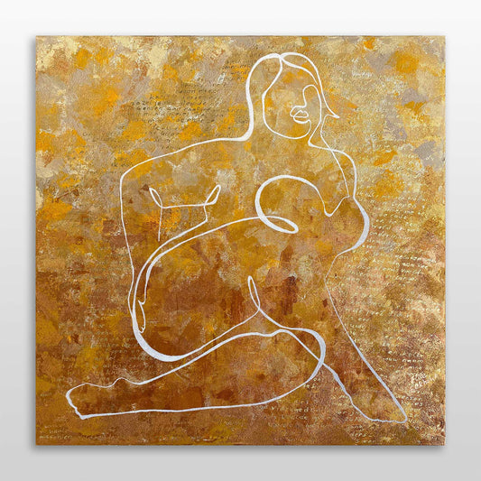 Origineel kunstwerk van Elise Eekhout, abstracte schilderij met contourlijnen en gouden achtergrond