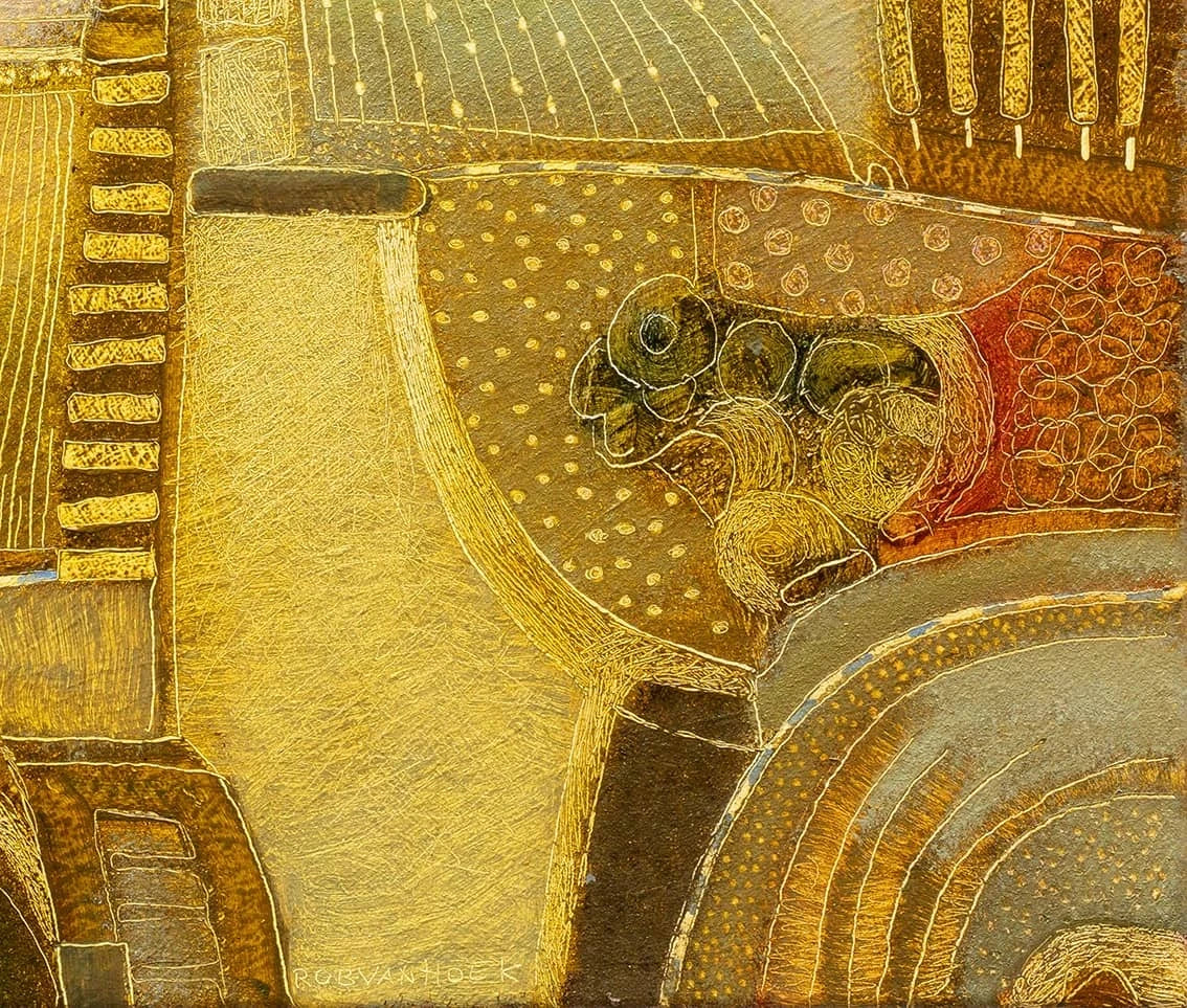 Origineel kunstwerk van Rob van Hoek met abstracte gouden vormen en texturen