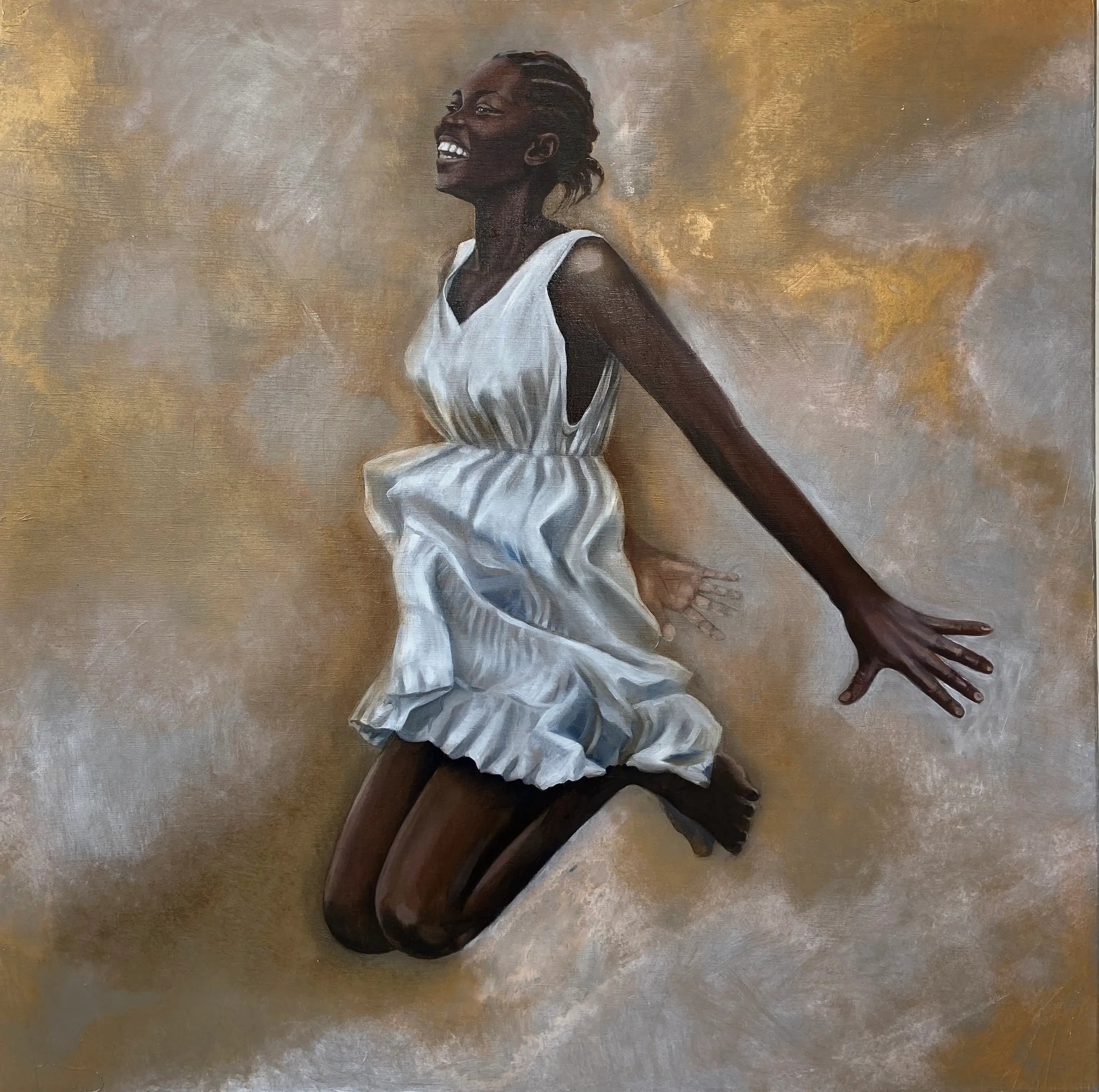 Origineel kunstwerk Gravity XI van Anna Ulyashyna met een vrouwelijke figuur die vreugdevol springt in een gouden achtergrond