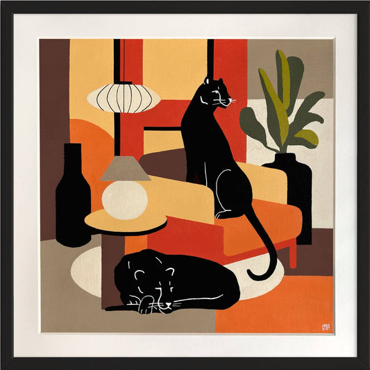 Origineel kunstwerk van Mariah Birsak met zwarte katten in een moderne woonkamer omgeving