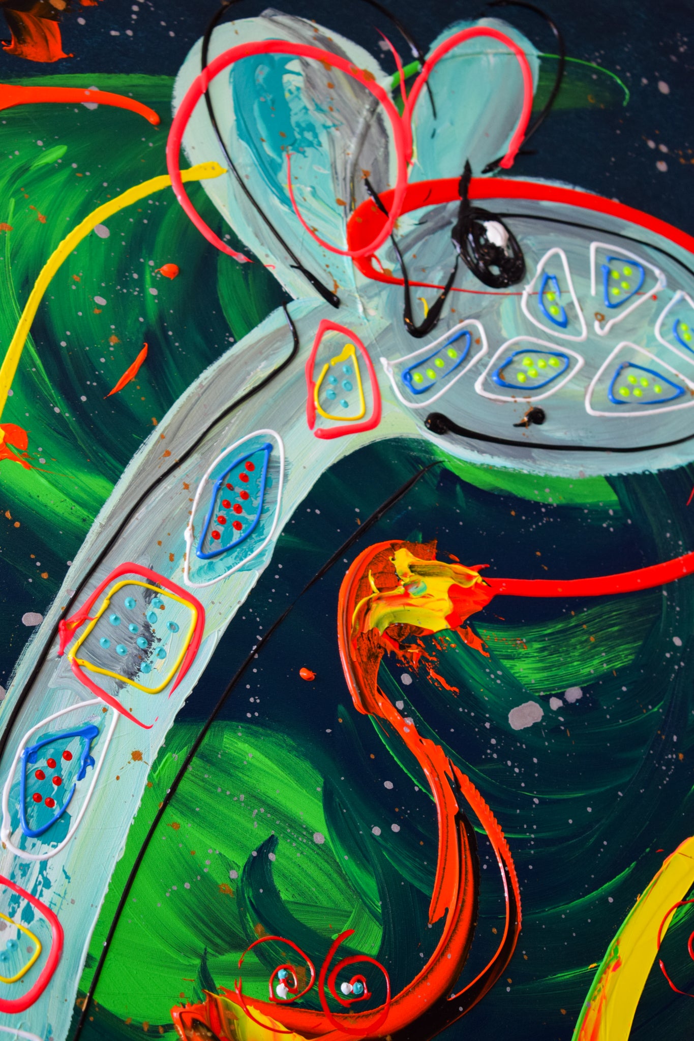 Origineel kunstwerk kopen met kleurrijke giraffe in abstracte stijl van Marieke Brouwers