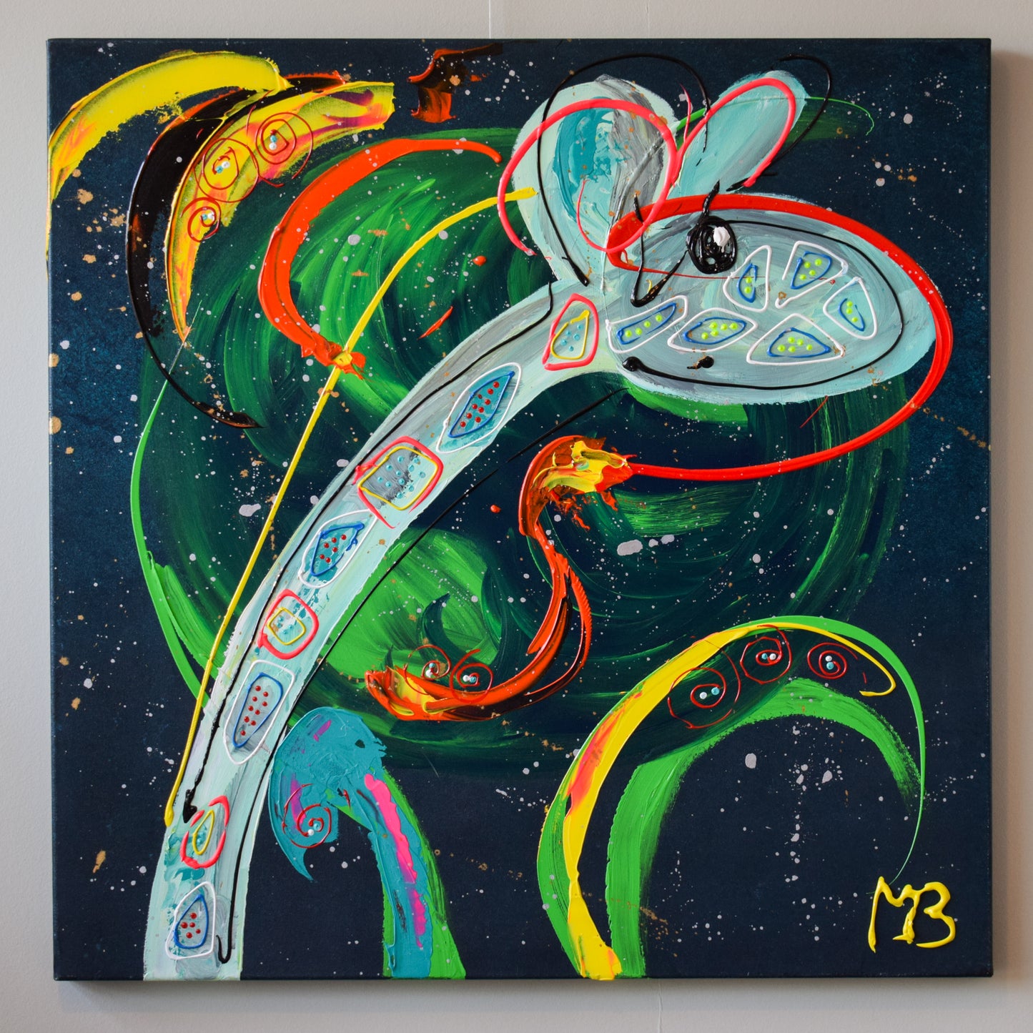 Origineel kunstwerk kopen van Marieke Brouwers met levendige kleuren en abstracte vormen