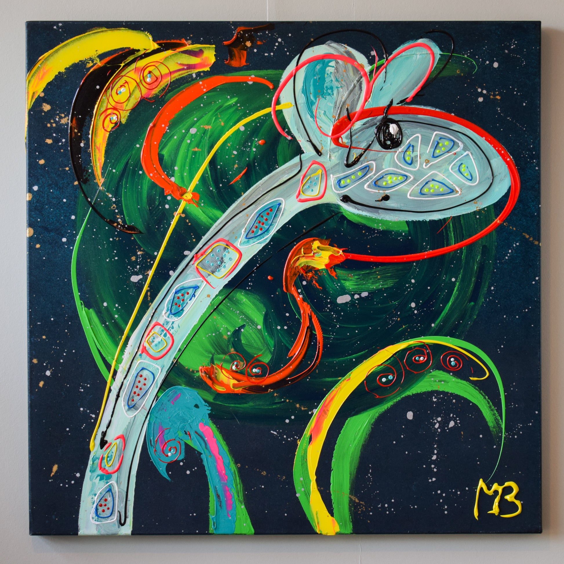 Origineel kunstwerk kopen van Marieke Brouwers met levendige kleuren en abstracte vormen