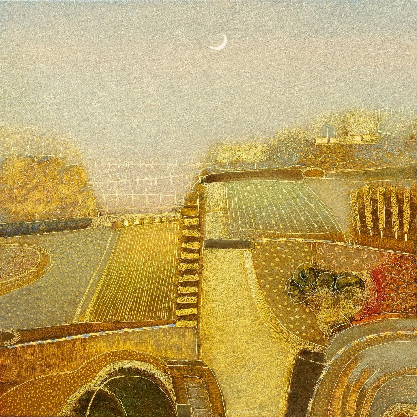 Origineel kunstwerk van Rob van Hoek met een serene landschapsschildering in zachte kleuren