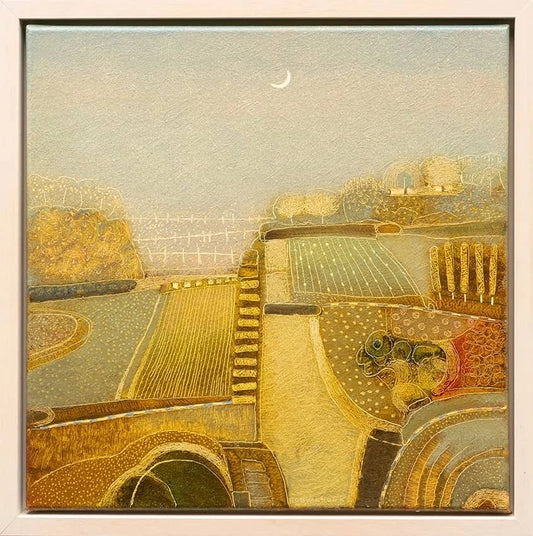 Origineel kunstwerk van Rob van Hoek met een landschap en zachte kleuren in een lijst