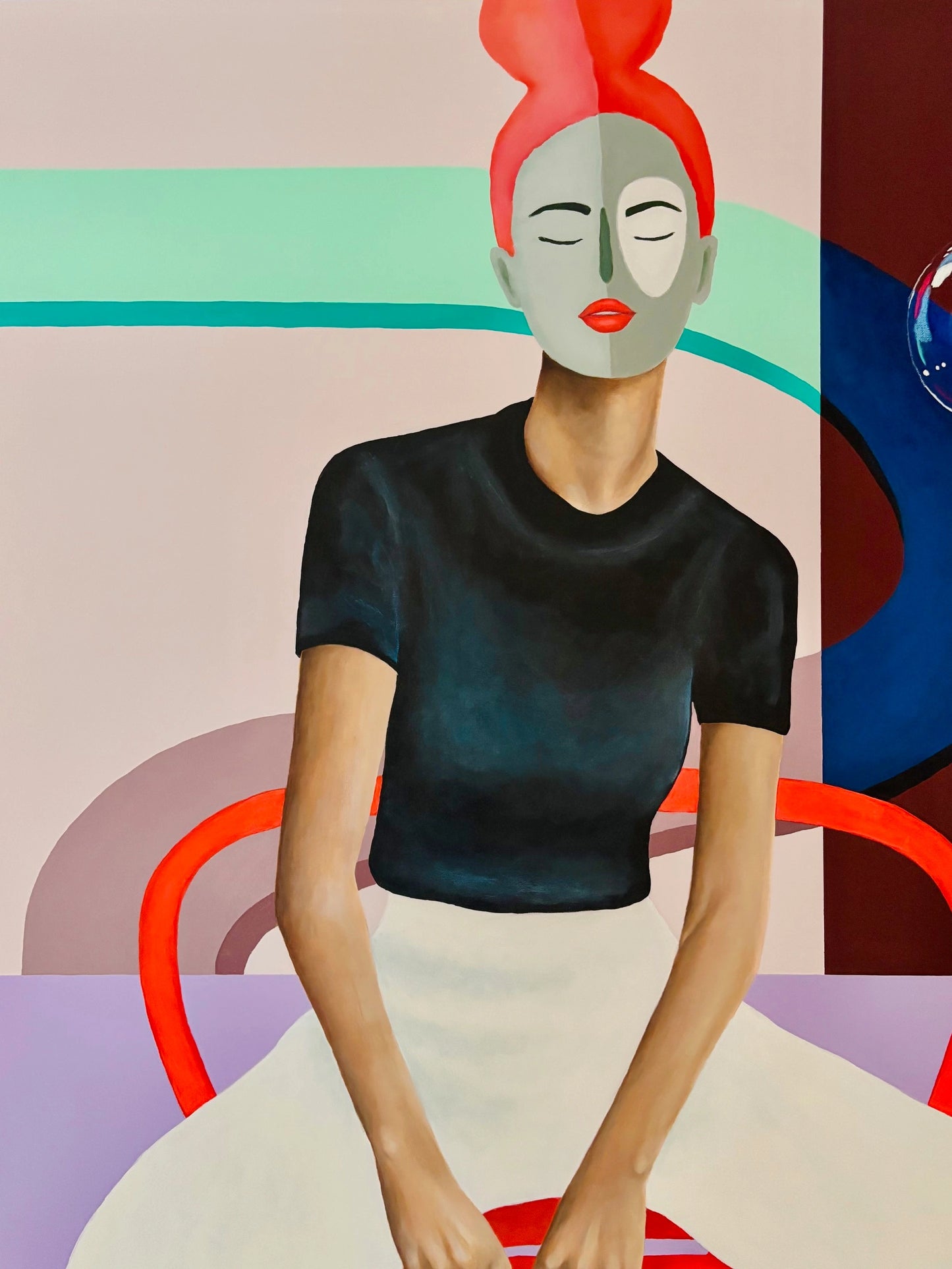 Origineel kunstwerk Victoria met een vrouw in een zwart shirt en rode haar, zittend op een rode stoel