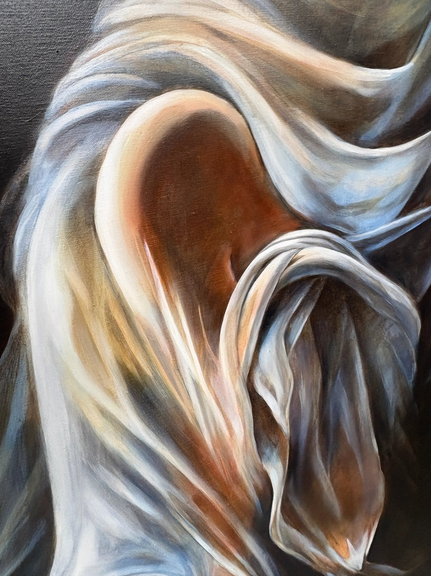 Origineel kunstwerk W.H.I.T.E.III met een abstracte weergave van vloeibare stoffen en warme kleuren