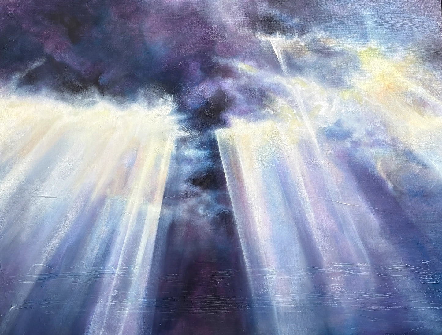 Origineel schilderij Dark & Stormy met dramatische lichtstralen door donkere wolken