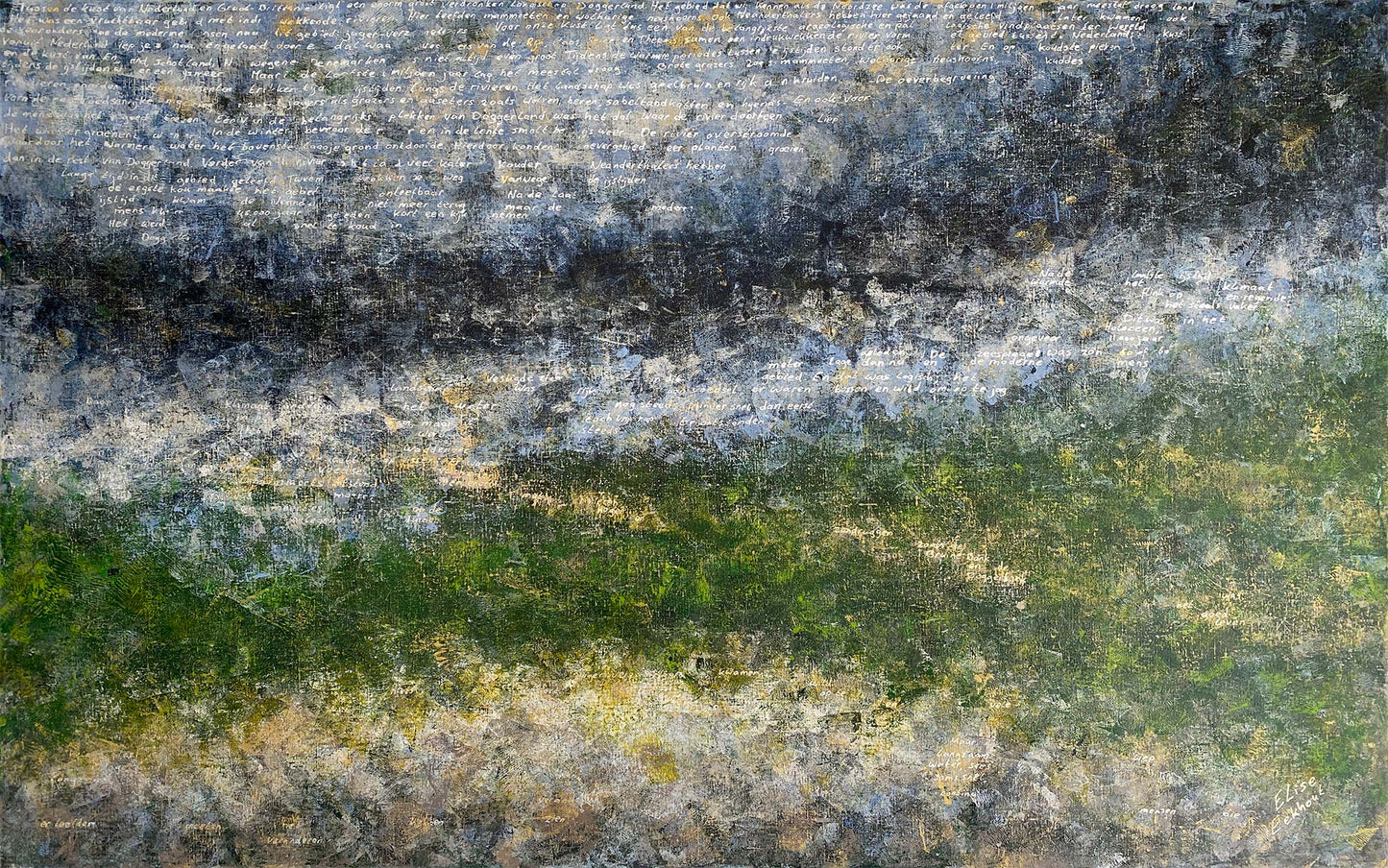 Origineel schilderij Doggerland met abstracte landschapskleuren in groen en blauw