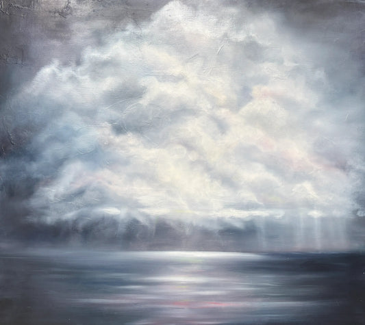 Origineel schilderij Frosted Azure met een dromerig wolkenlandschap en reflecties op water