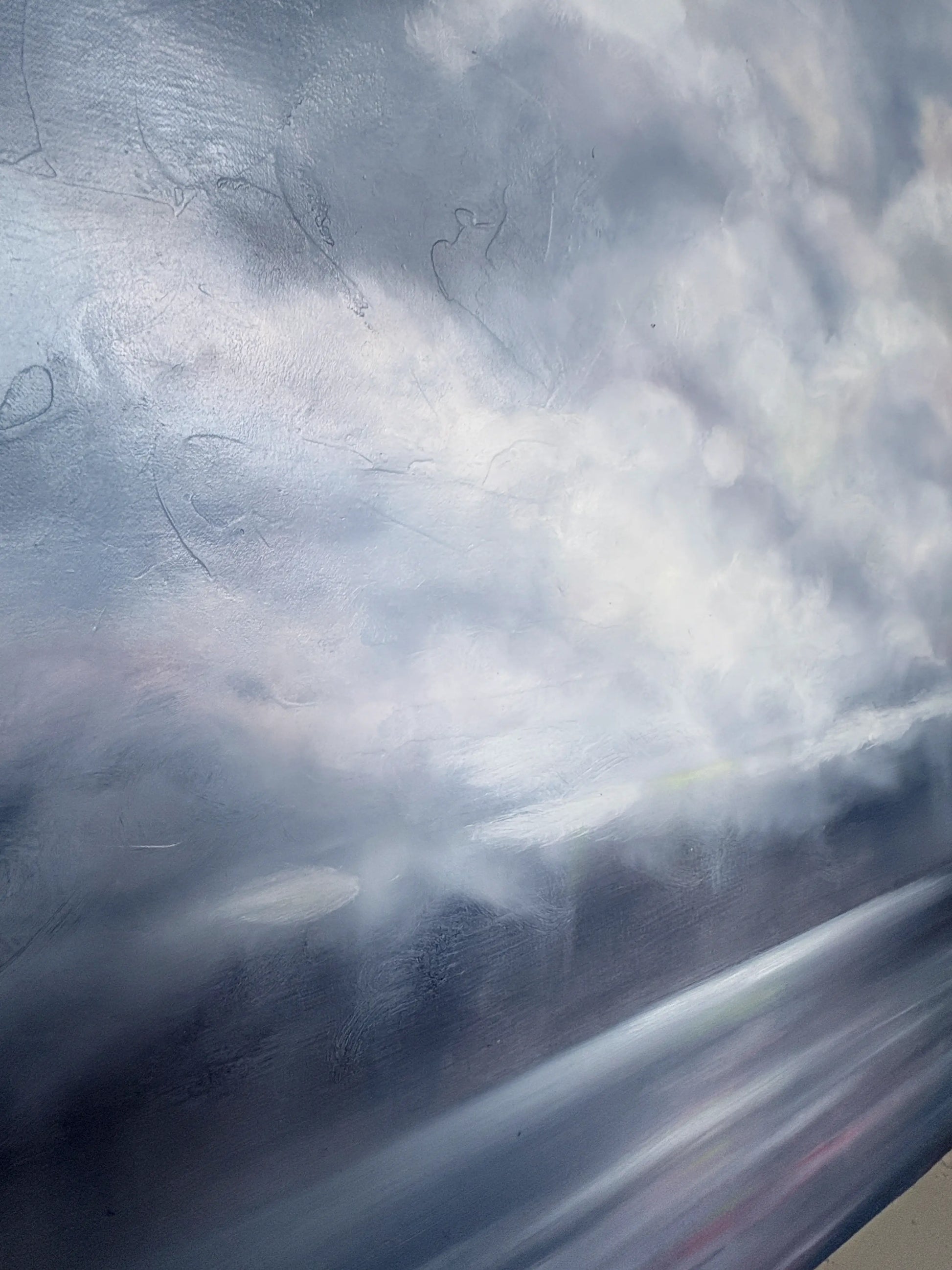 Origineel schilderij Frosted Azure met een mistige lucht en rustige waterreflecties