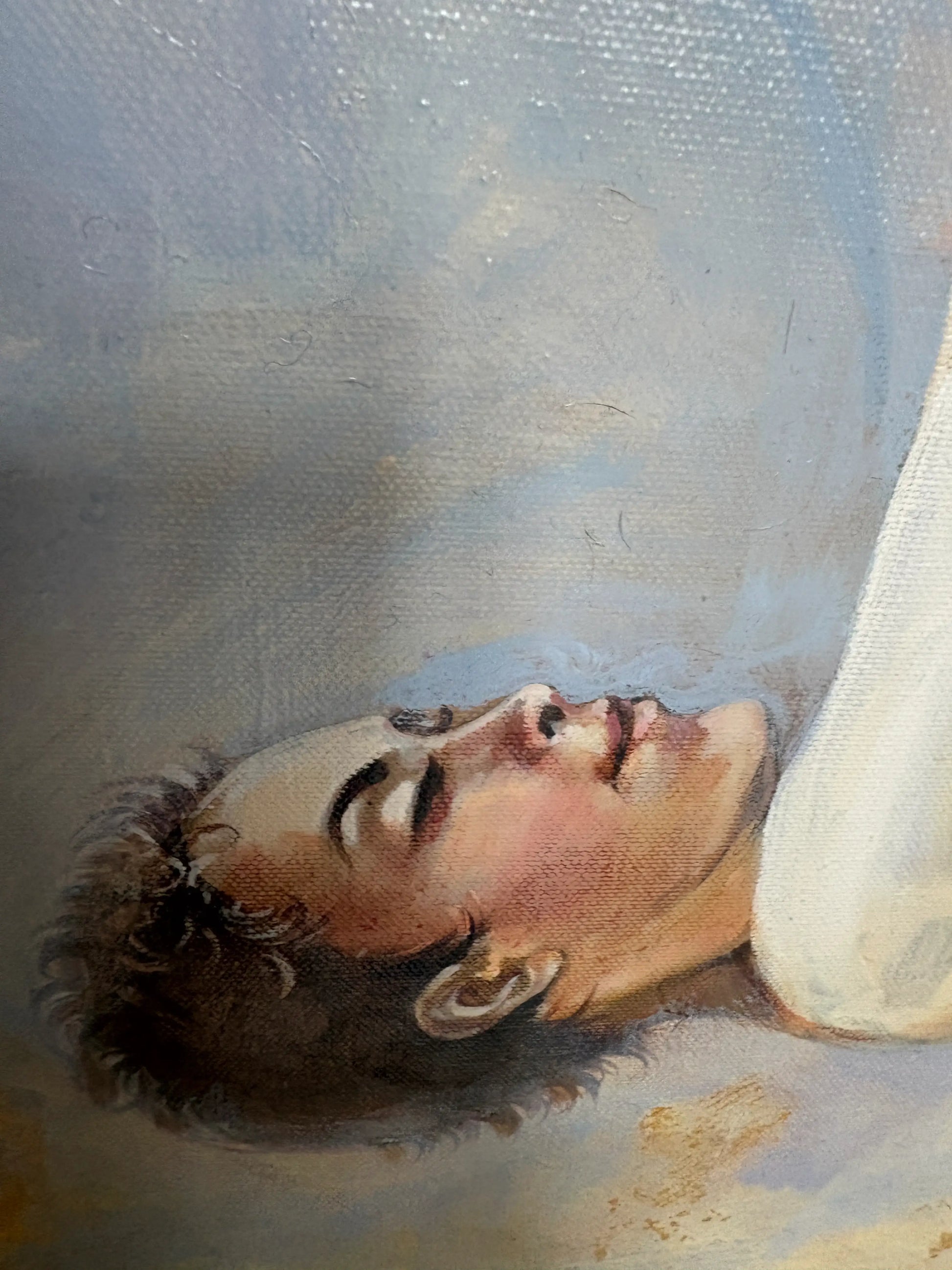 origineel schilderij Gravity VI toont een serene dichtheid met een vrouwelijk gezicht in zachte kleuren