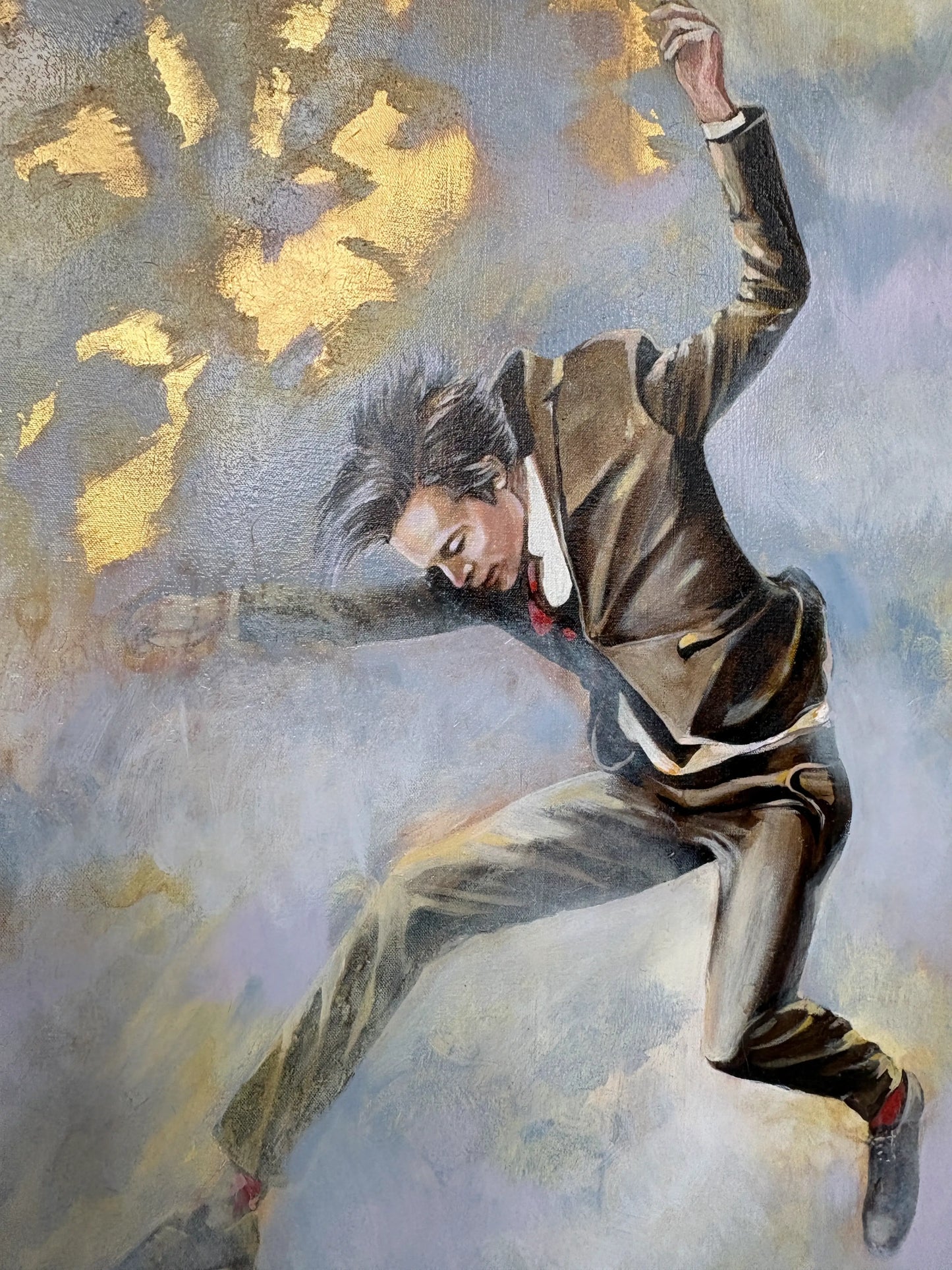 Origineel schilderij Gravity VI van Anna Ulyashyna met een man in een pak die lijkt te vallen