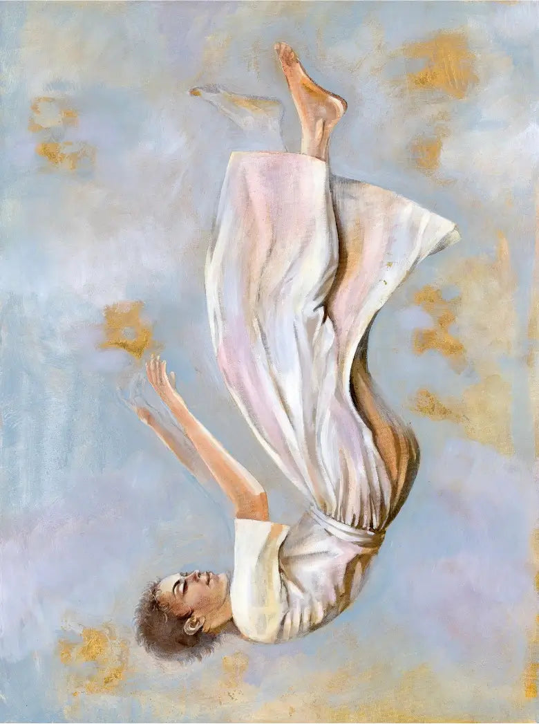 Origineel schilderij Gravity VI van Anna Ulyashyna met een vrouw die valt in een dromerige achtergrond