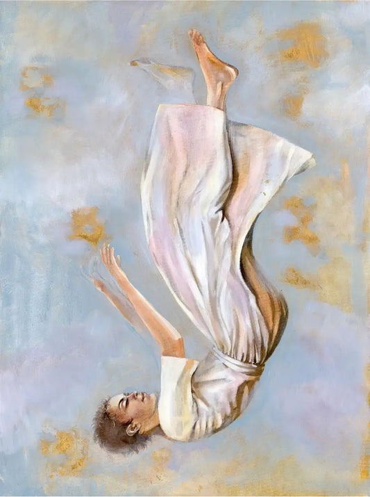 Origineel schilderij Gravity VI van Anna Ulyashyna met een vrouw die valt in een dromerige achtergrond