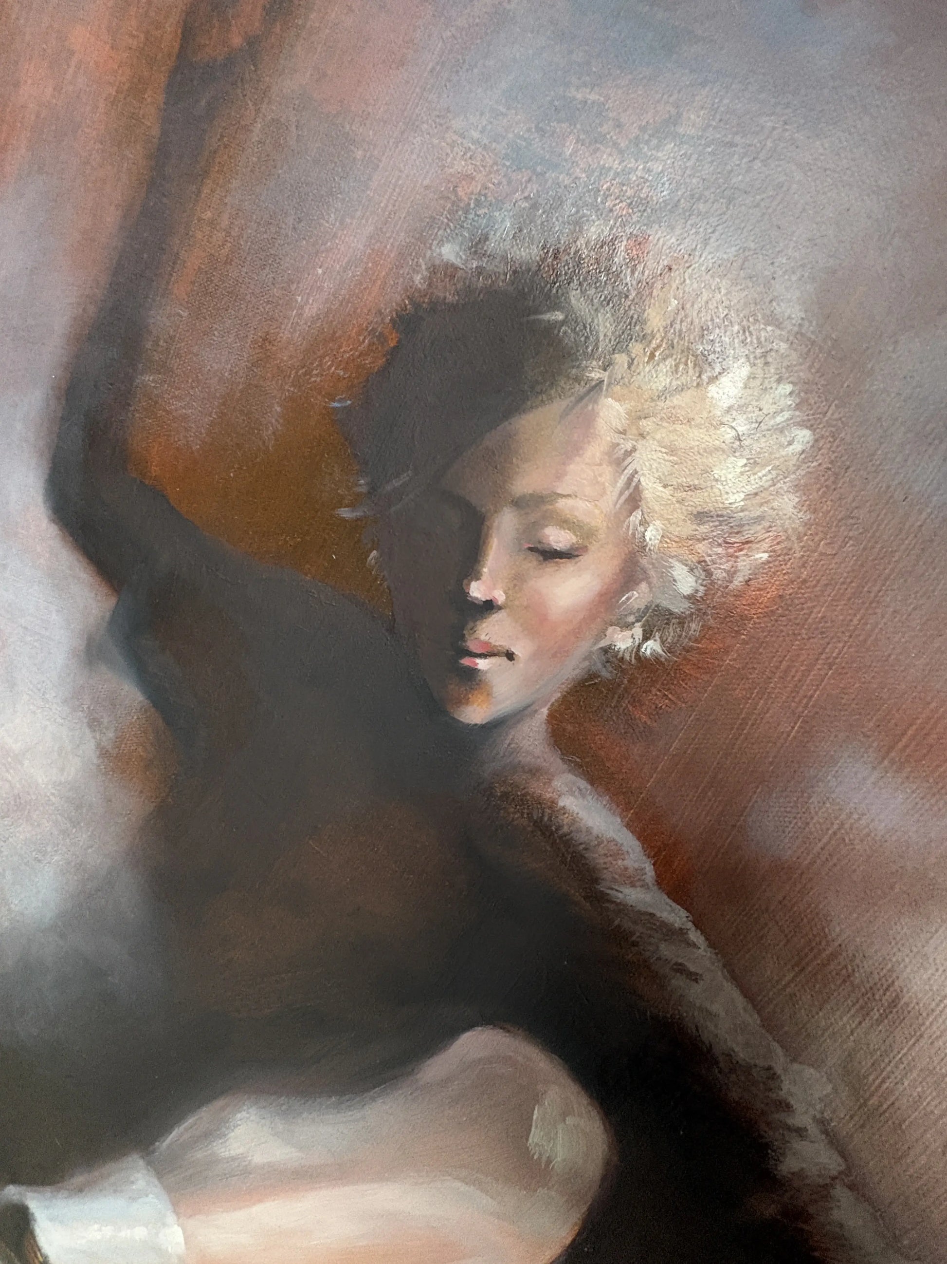 Origineel schilderij Gravity X van Anna Ulyashyna met vrouwelijk portret en zachte kleuren