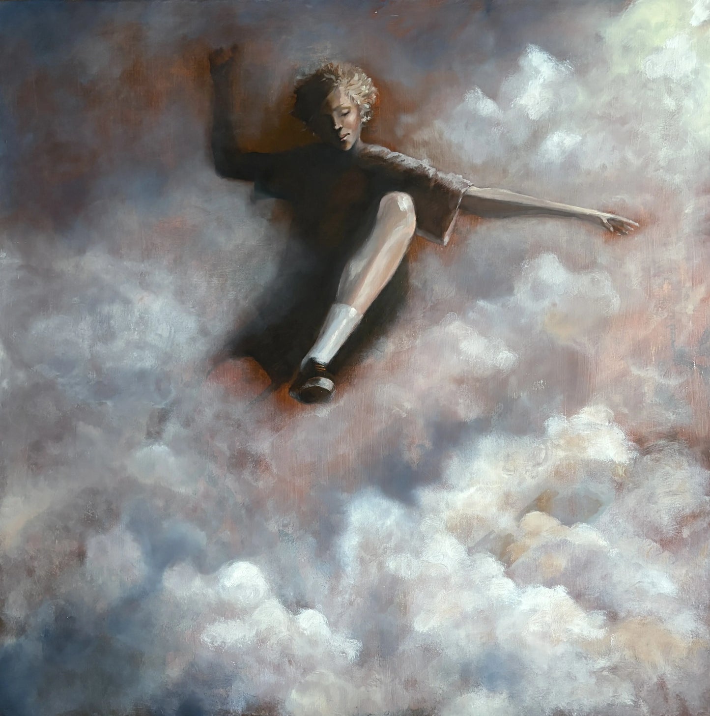 Origineel schilderij Gravity X met een figuur die door de wolken lijkt te vallen in warme, dromerige kleuren