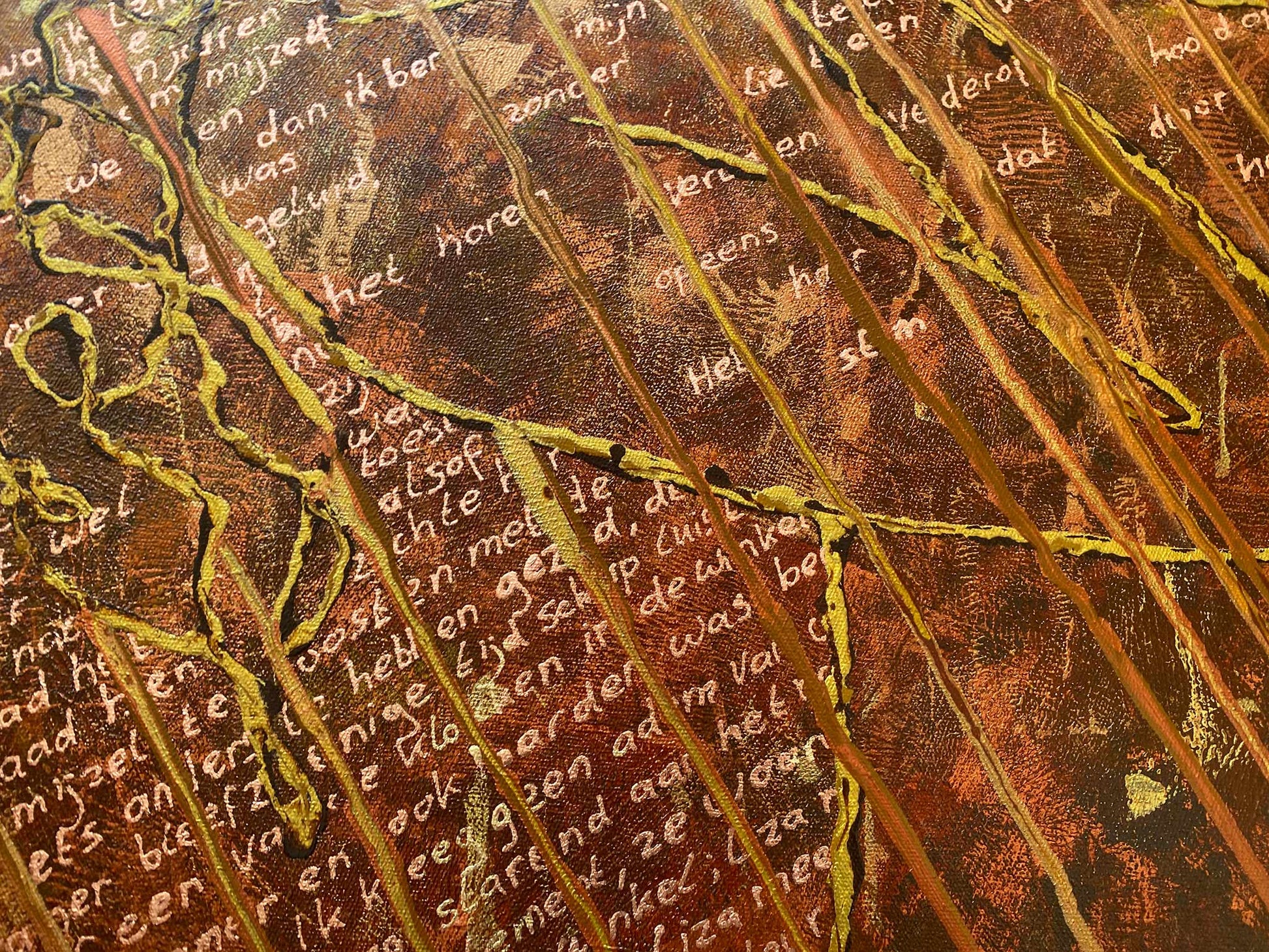 Abstract origineel schilderij kopen van Elise Eekhout met tekst en unieke kleurdetails