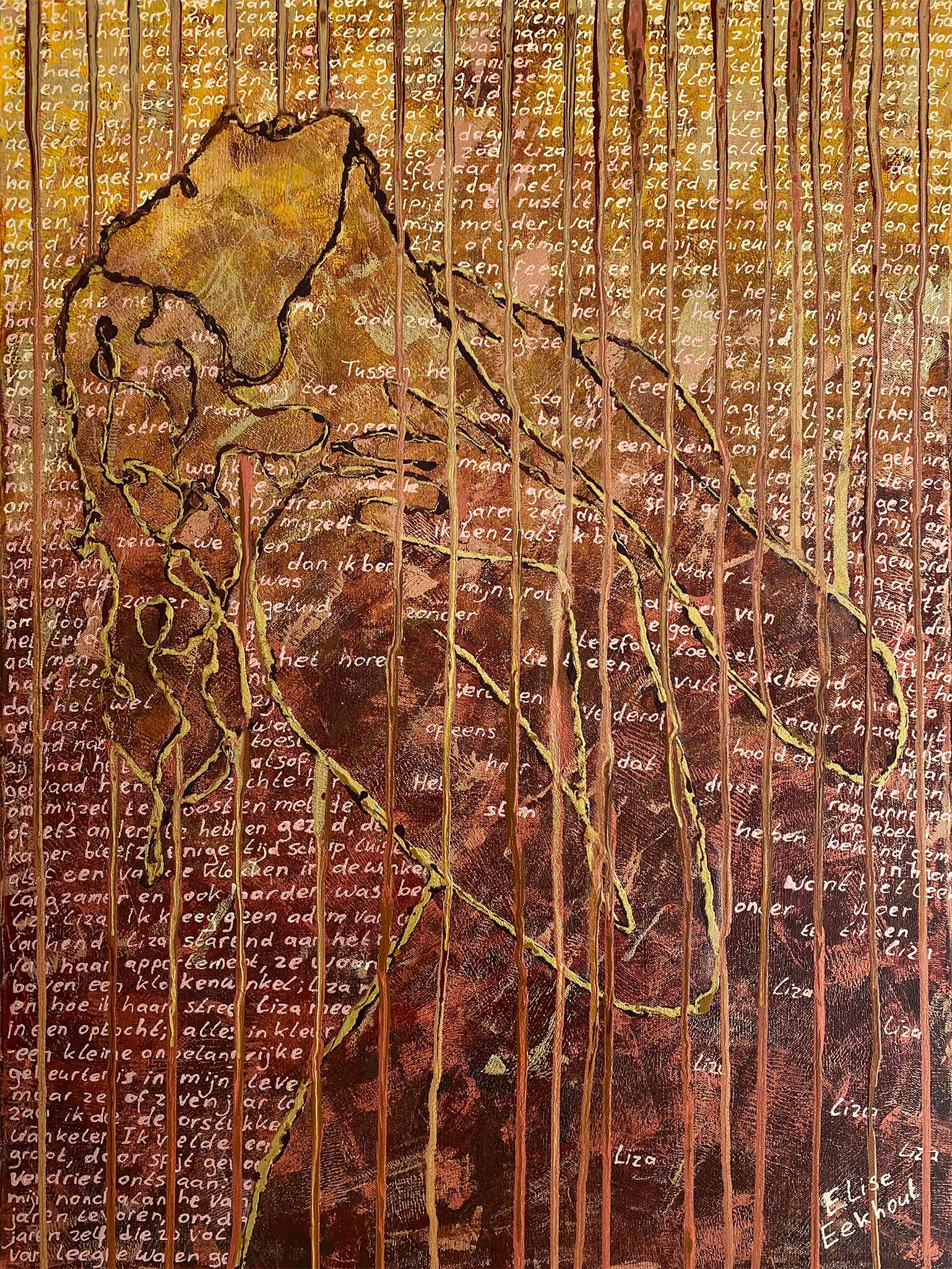 Origineel schilderij kopen van Elise Eekhout met unieke tekstmotieven en warme kleuren