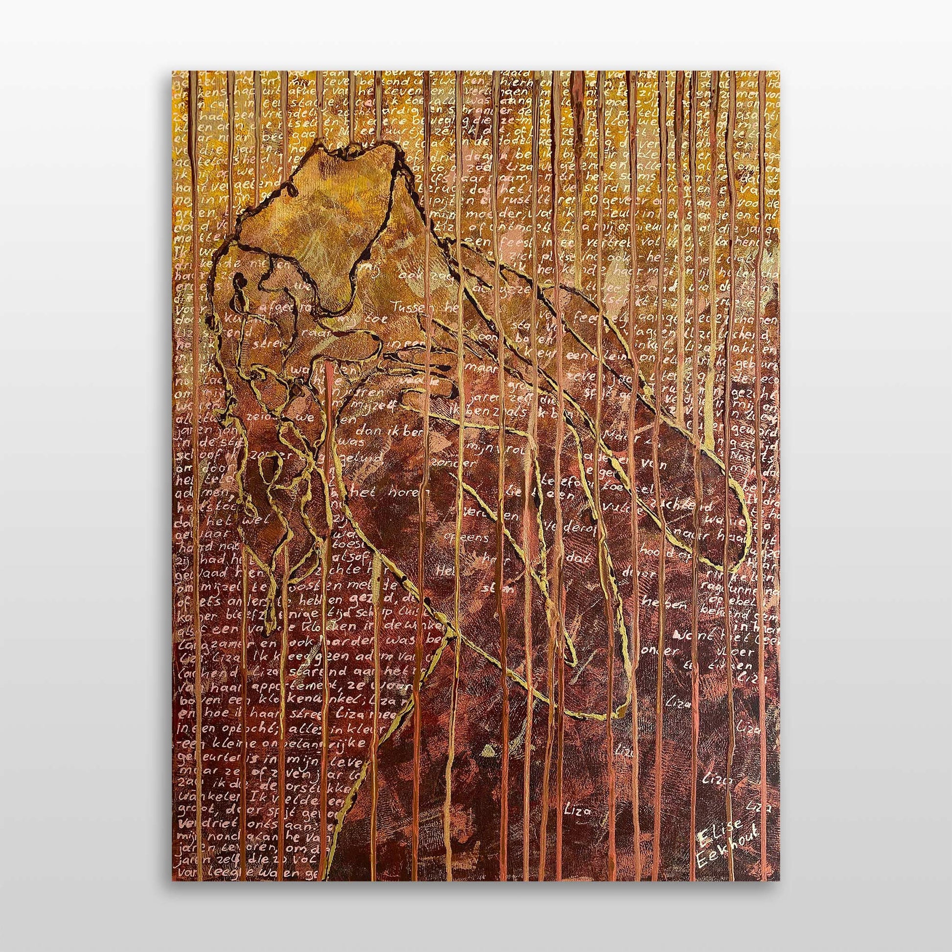 Origineel schilderij kopen van Elise Eekhout met abstracte figuur en gouden accenten