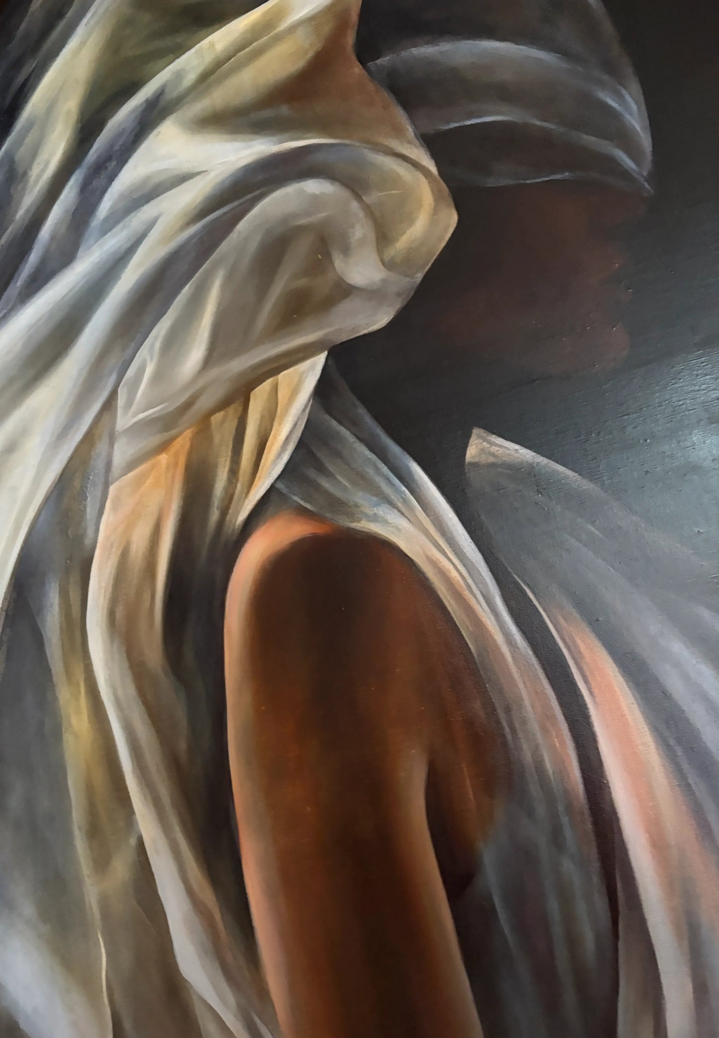 Origineel schilderij kopen van een vrouw met een elegante sjaal in warme tinten