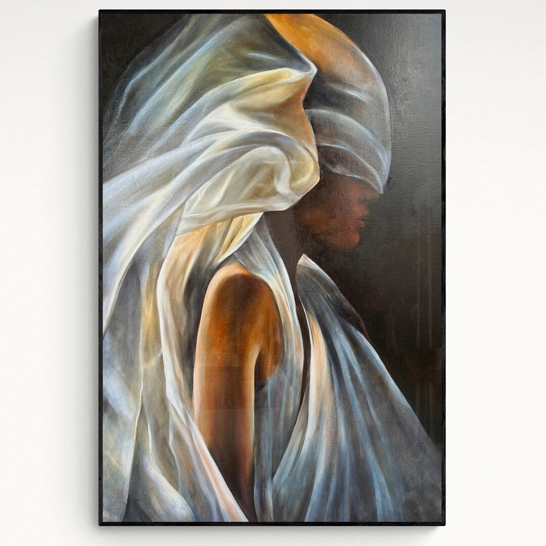 Origineel schilderij kopen van Anna Ulyashyna met een vrouw in een stijlvolle, witte draping.