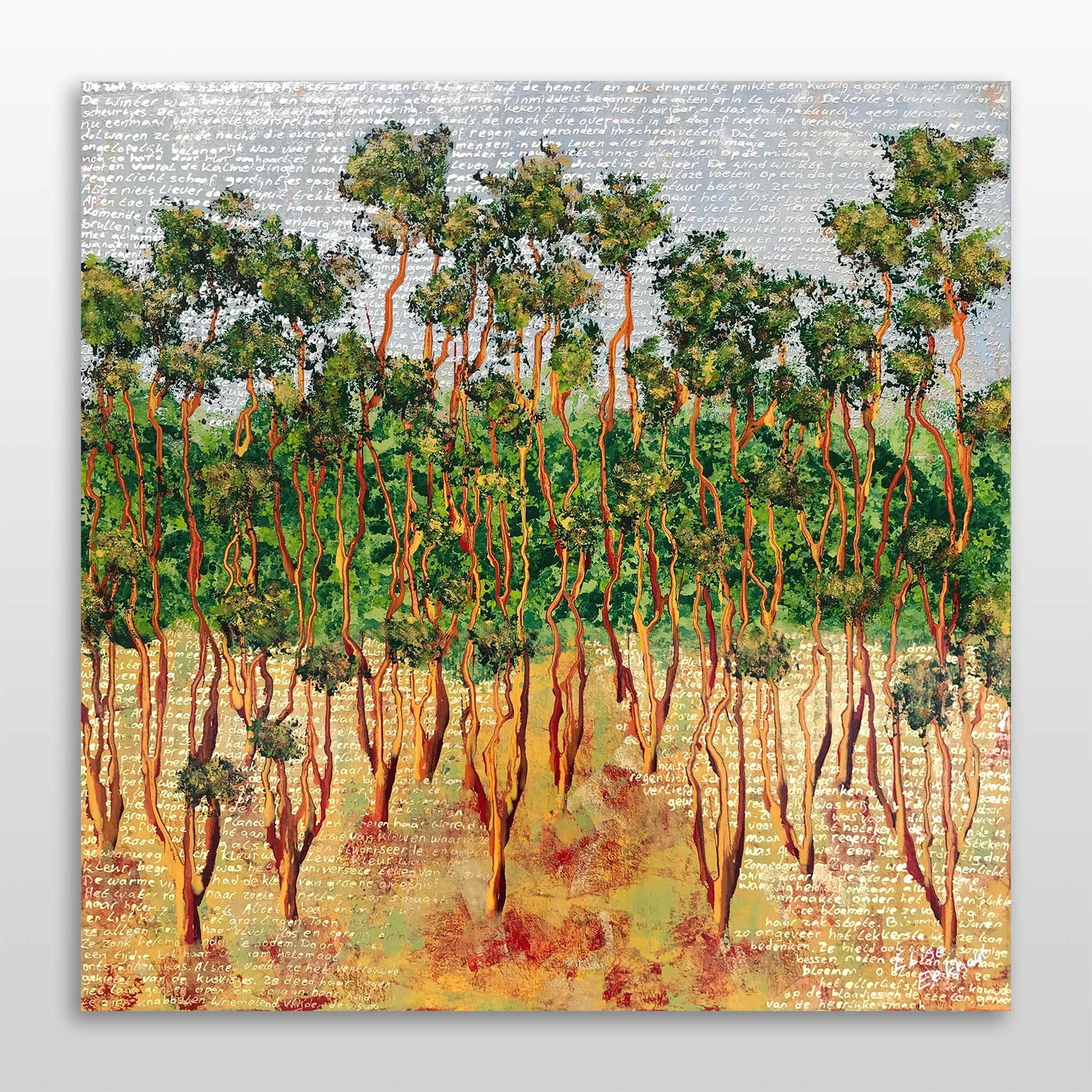 Origineel schilderij Rainlight 06 van Elise Eekhout met boomachtige silhouetten en warme kleuren