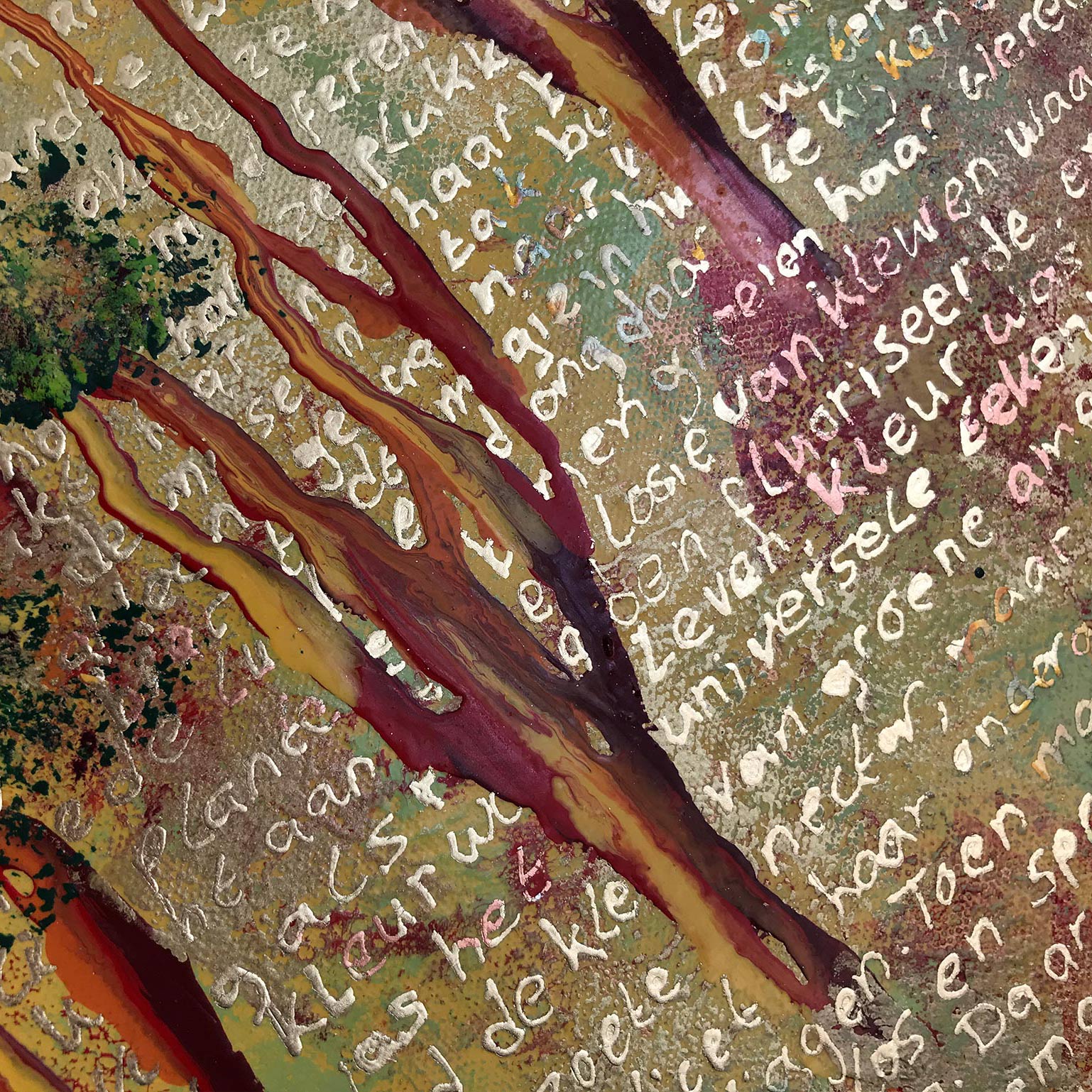 Origineel schilderij Rainlight 06 van Elise Eekhout met abstracte bomen en teksturen