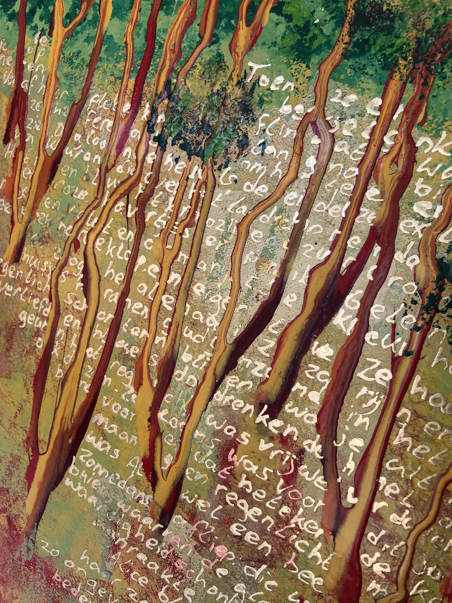 Origineel schilderij Rainlight 06 van Elise Eekhout met abstracte bomen en tekst in natuurkleuren