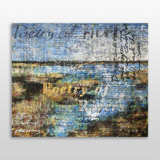 Origineel schilderij rivieren van Elise Eekhout met abstracte teksten en blauwtinten