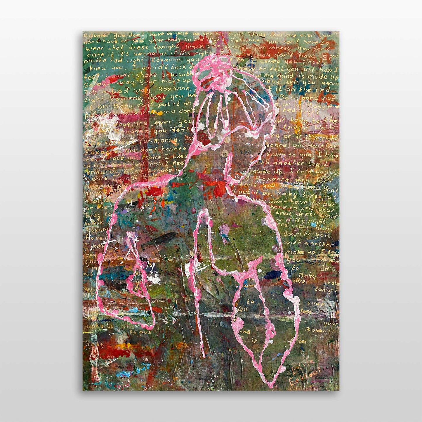 Origineel schilderij Roxanne van Elise Eekhout met abstracte figuur en kleurrijke achtergrond