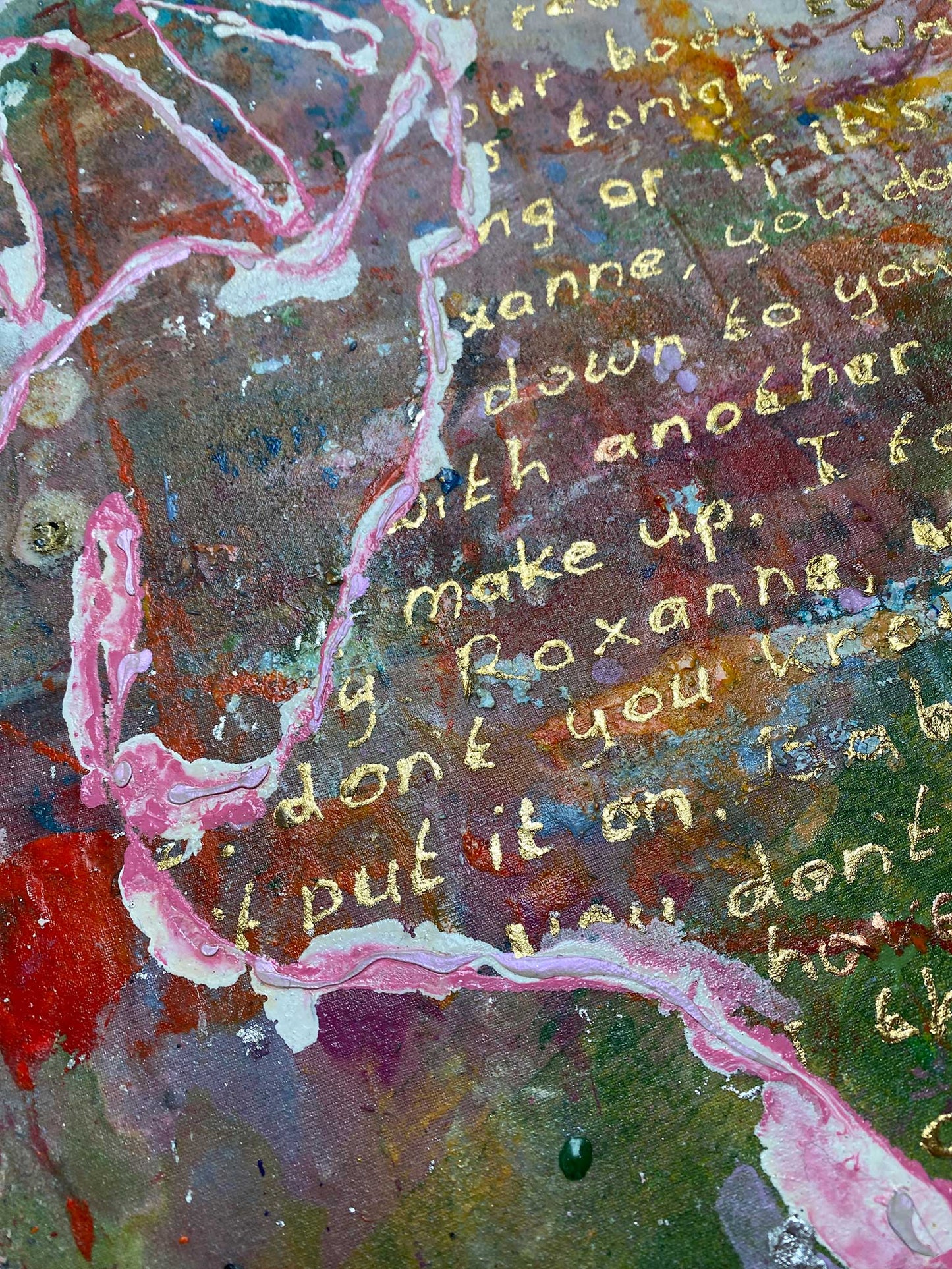 Origineel schilderij Roxanne met kleurrijke achtergrond en handgeschreven tekst