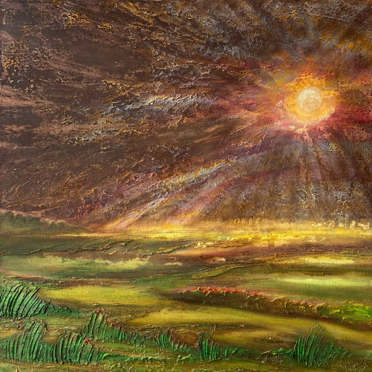 Origineel schilderij schemergloed met levendige kleuren en een zonsondergang boven een uitgestrekt landschap