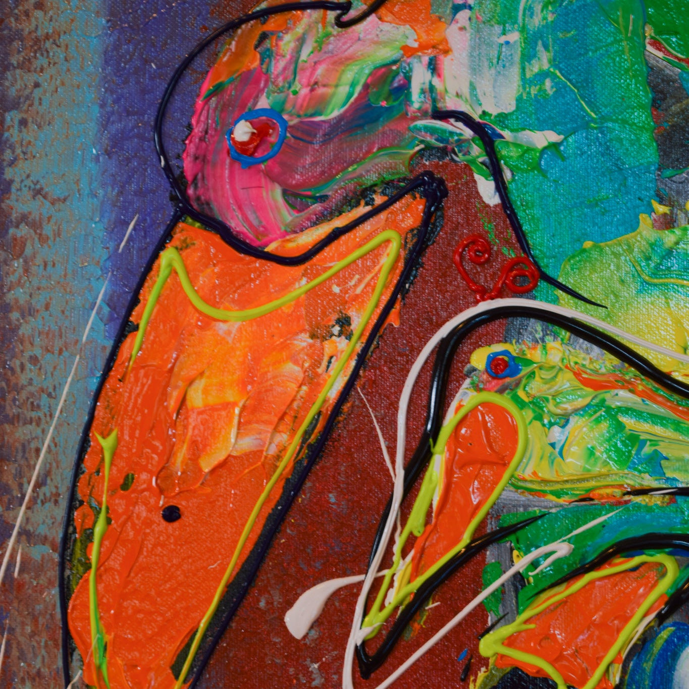 Origineel schilderij vogels met levendige kleuren en abstracte vormen van kleurrijke vogels