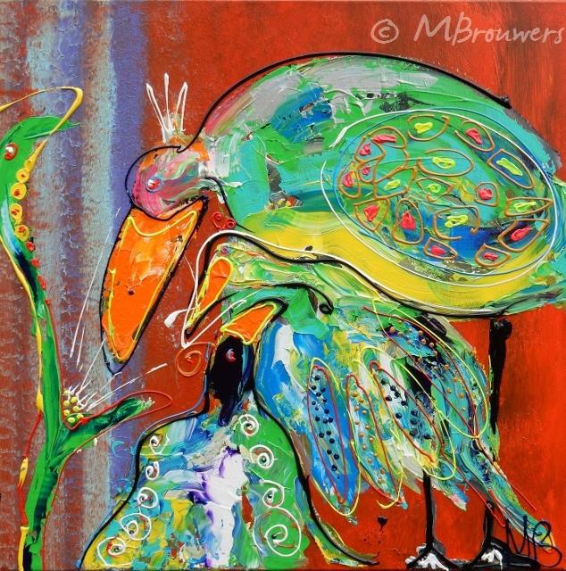 Origineel schilderij vogels in levendige kleuren met abstracte vormen en details van een vogel en planten