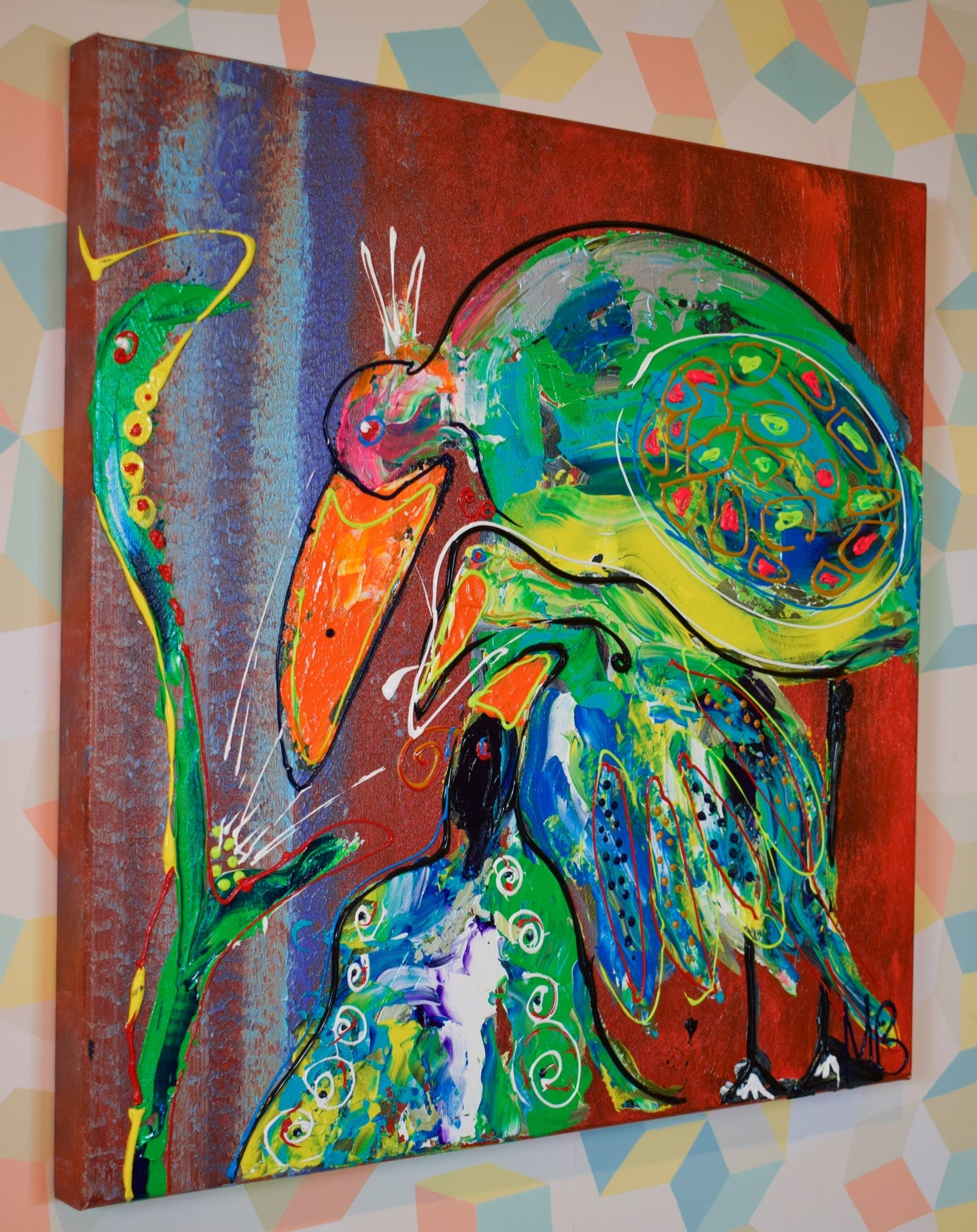 Origineel schilderij vogels in kleurrijke abstracte stijl met bijzondere details en patronen