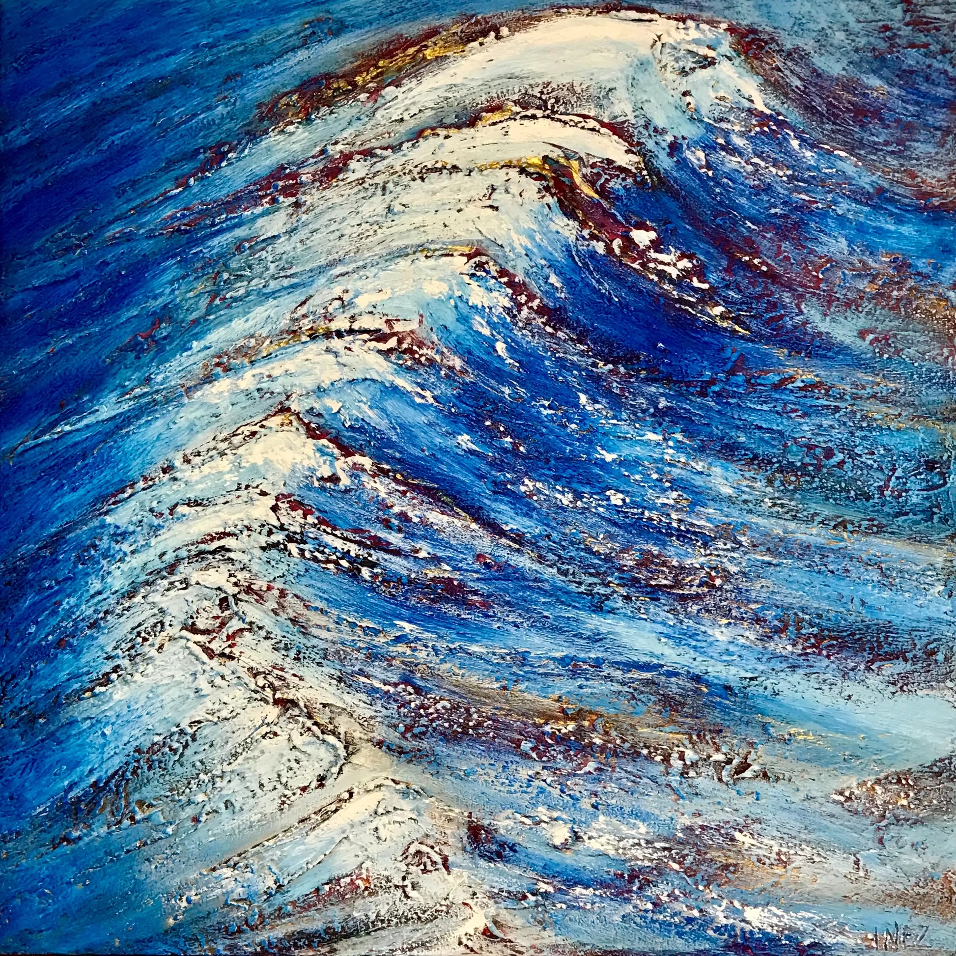 Origineel zee schilderij met dynamische golven in blauw en wit, gemaakt door Inez Heintzberger