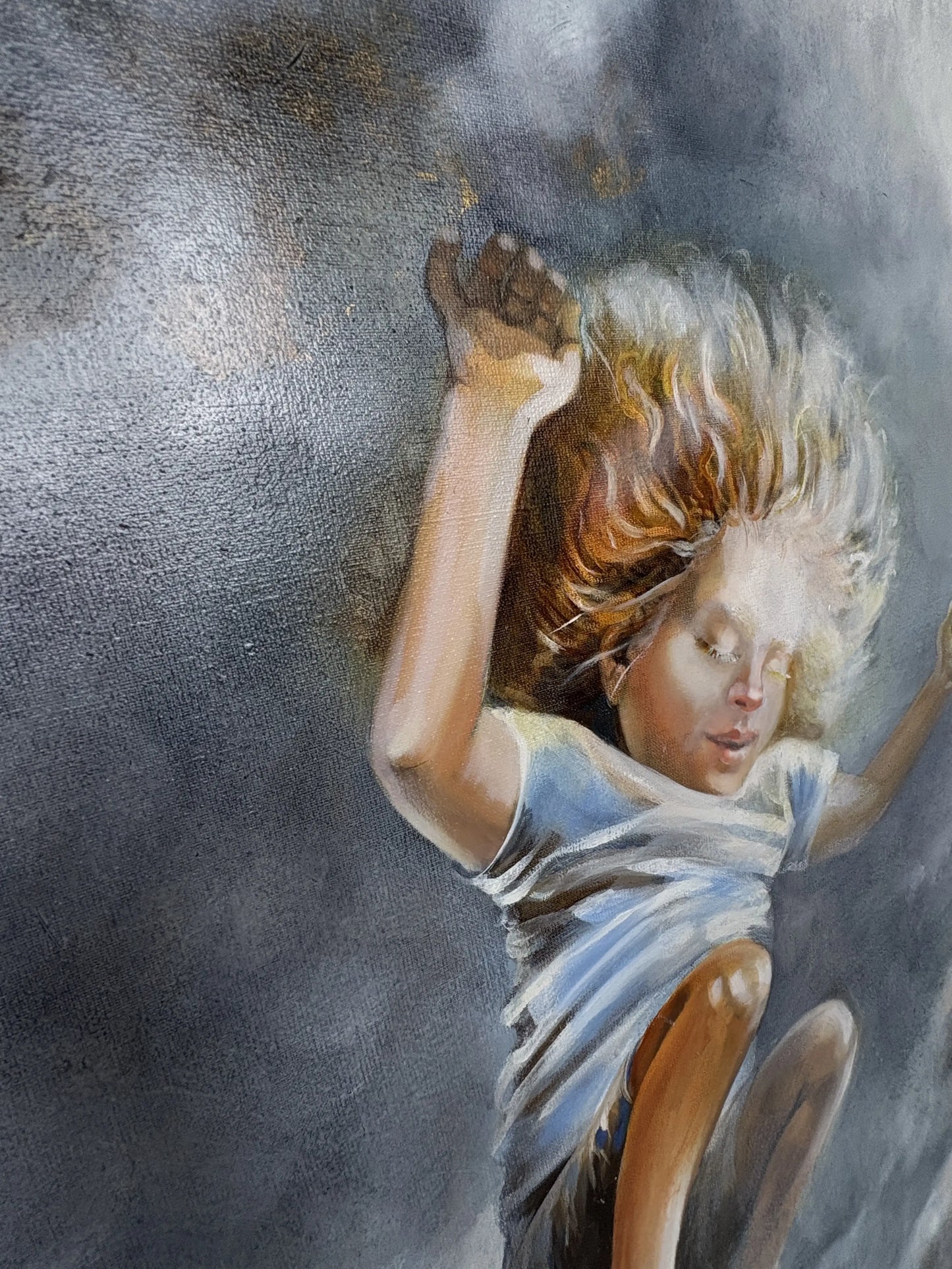 Originele kunstwerken voor interieur, schilderij van een jongen met een droomachtige uitdrukking en levendige kleuren