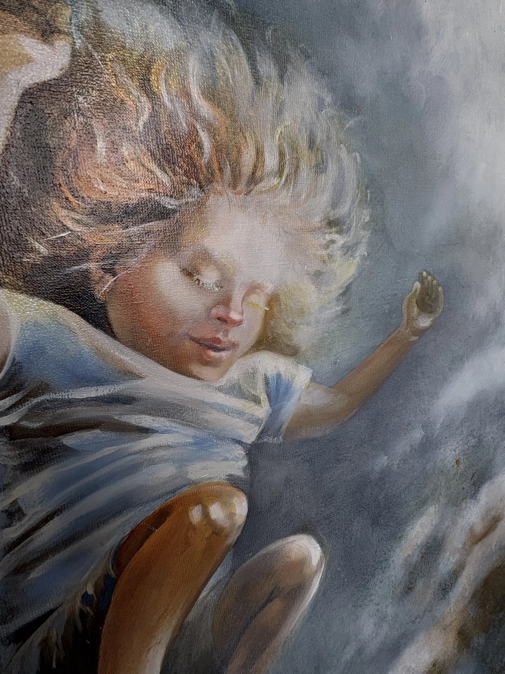 Originele kunstwerken voor interieur van een meisje dat in de lucht zweeft met een dromerige uitstraling