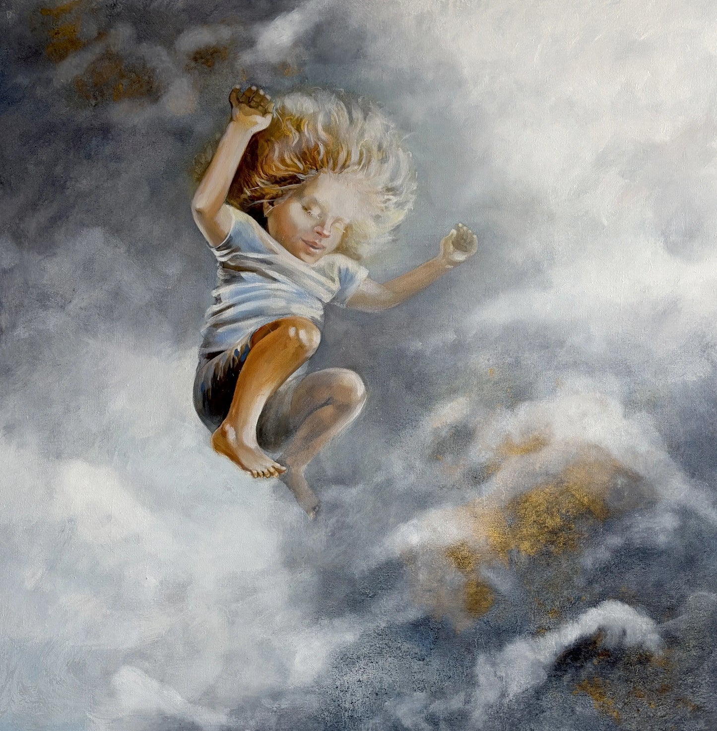 Originele kunstwerken voor interieur van een kind dat door de lucht zweeft met een dromerige uitstraling