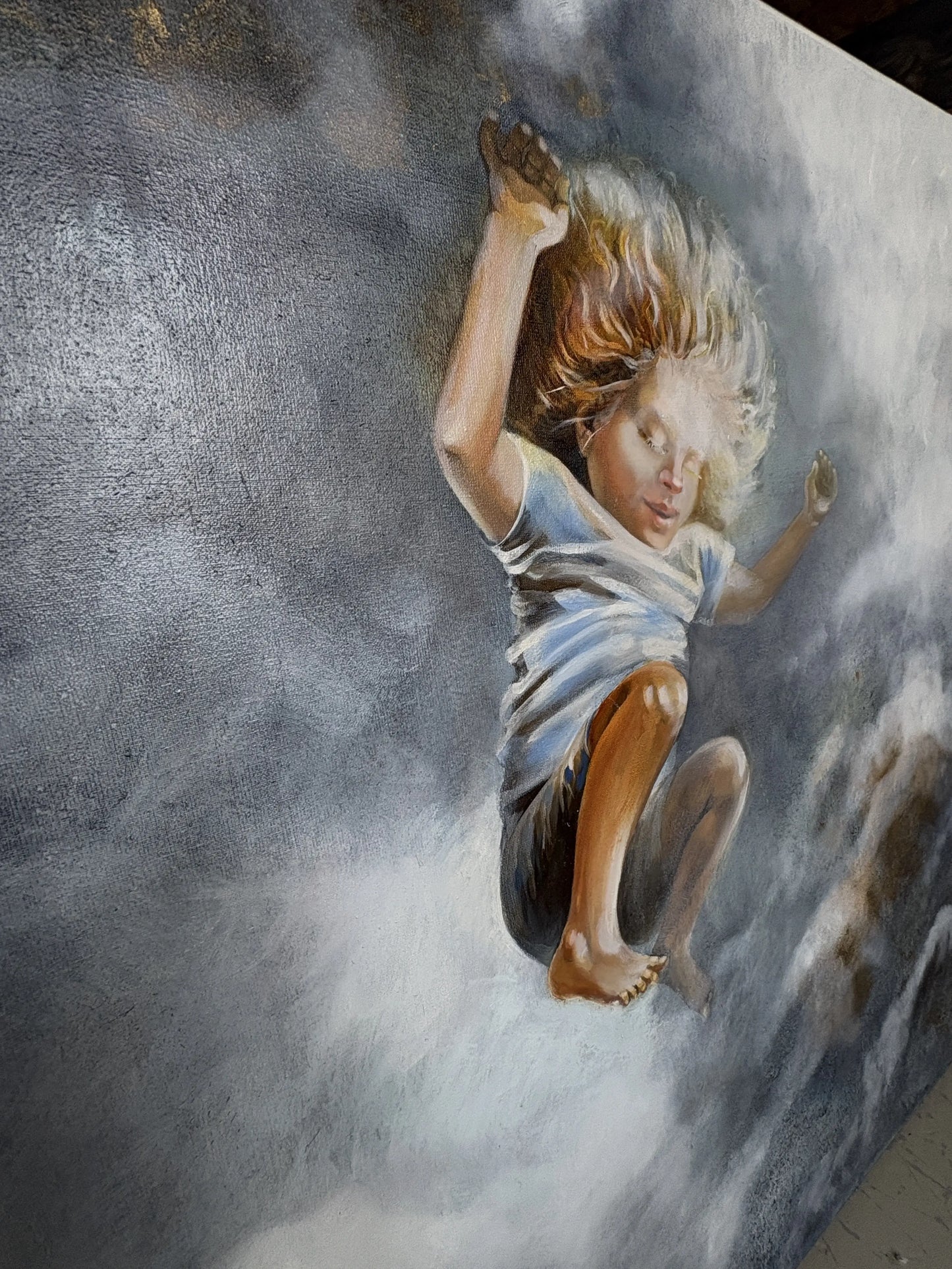 Originele kunstwerken voor interieur van een levendig schilderij met een jongen die door de lucht springt