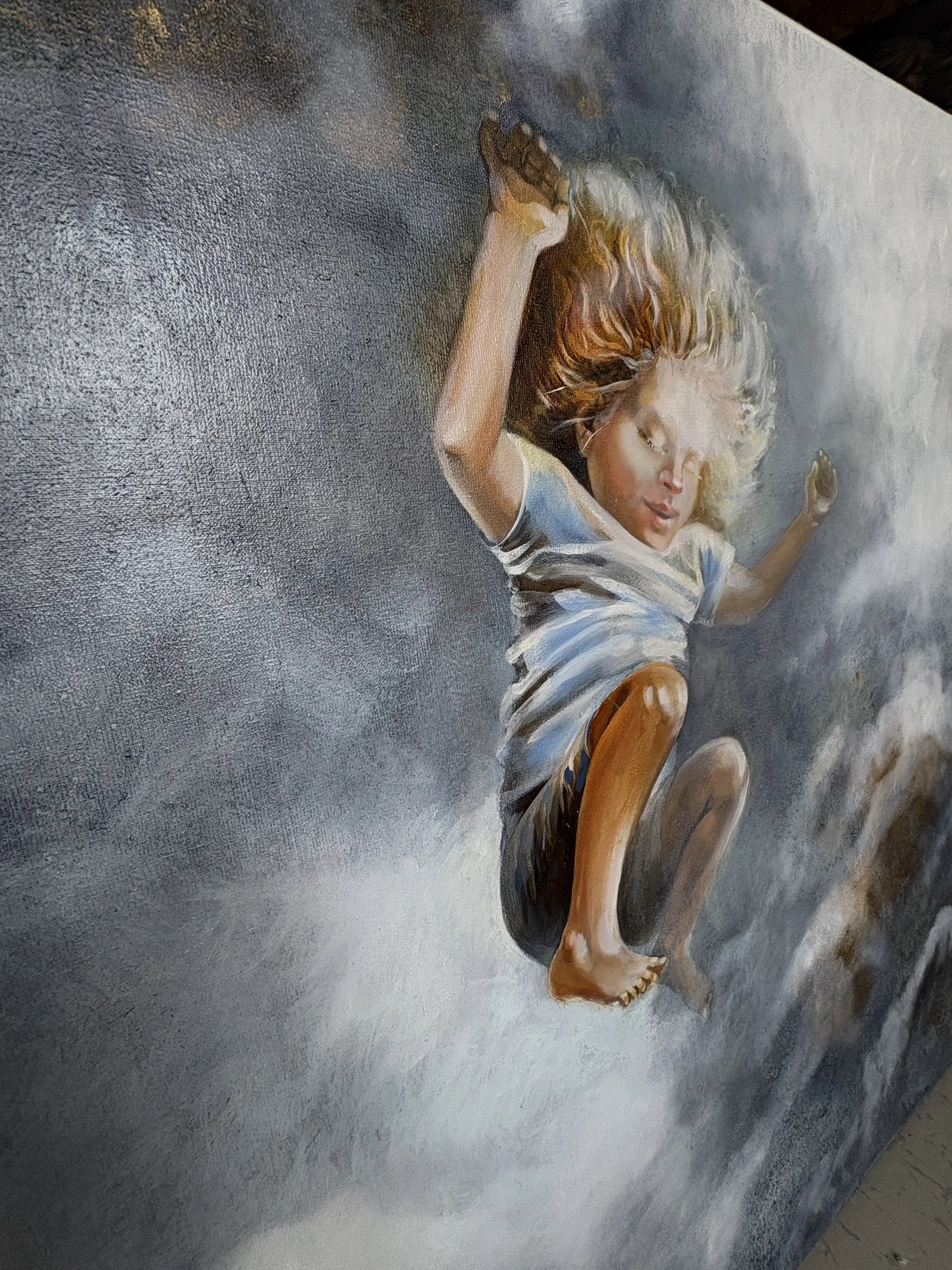 Originele kunstwerken voor interieur van een levendig schilderij met een jongen die door de lucht springt